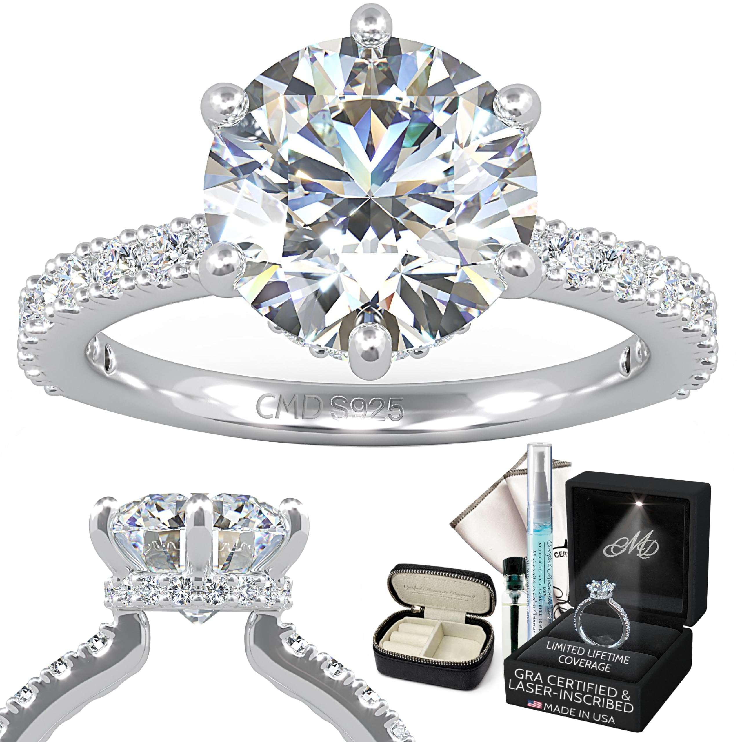 CMD Moissanite Engagement Ring 2.5 or 3ct, 6 Prong Brilliant Round Cut, Hidden Halo & Semi Eternity Pave Setting, 18K White Gold-Filled Vermeil, GRA