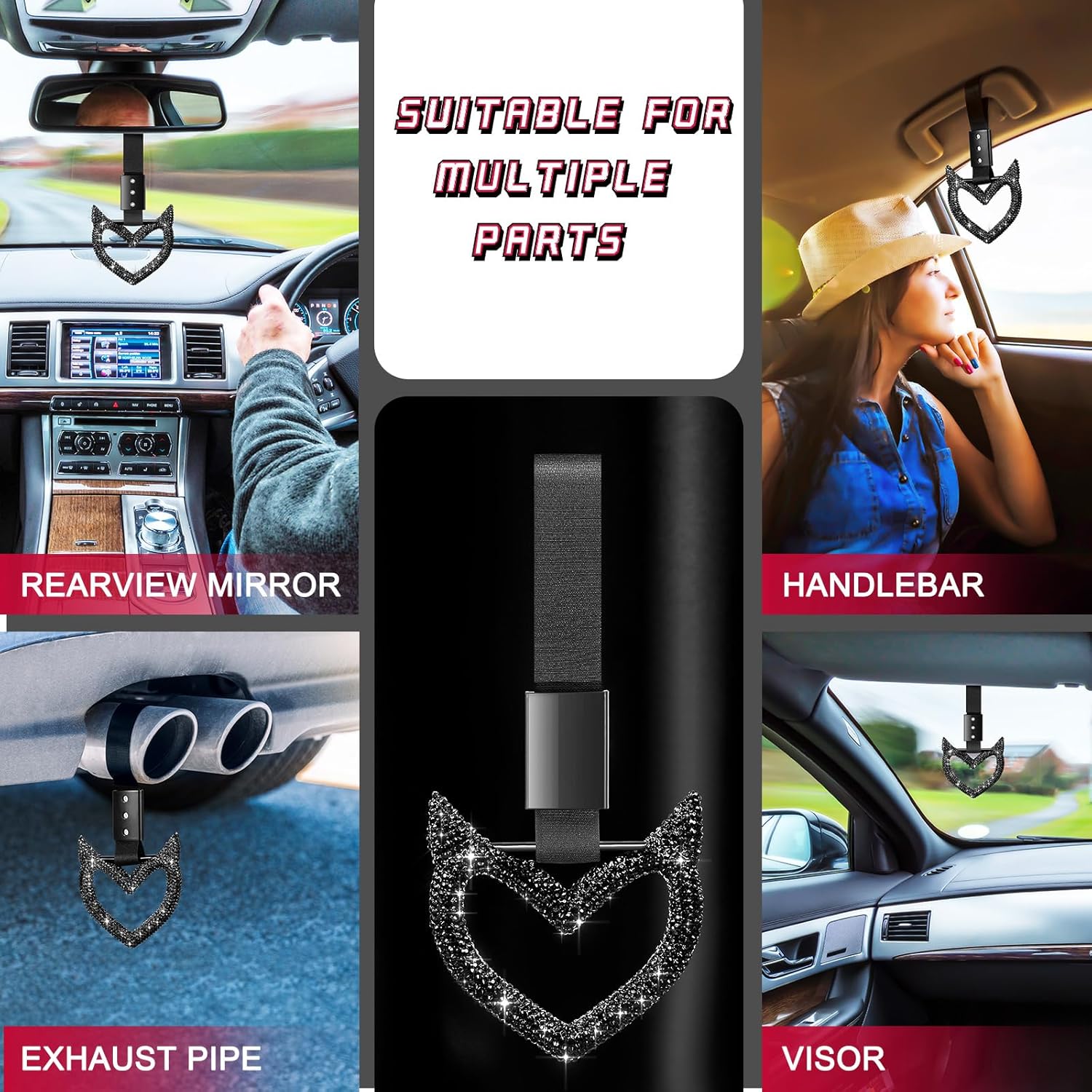 Fabbay Bling Car Accessories Bling Heart Handle Ring Car Accessory for Women Heart Hand Strap Drift Charm Rear Bumper Warning Ring Decor for auto Bus Interior Exterior Decoration (Black,Devil Style) thumbnail