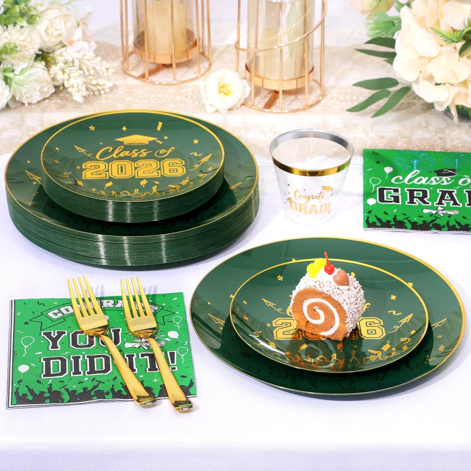 150 Pcs 2026 Graduation Plastic Plates with Disposable Silverware Serves 30 Guests, Green Gold Graduation Disposable Plates Including 30 Dinner&Dessert Plates, Cups, Napkins, Gold Forks for Party