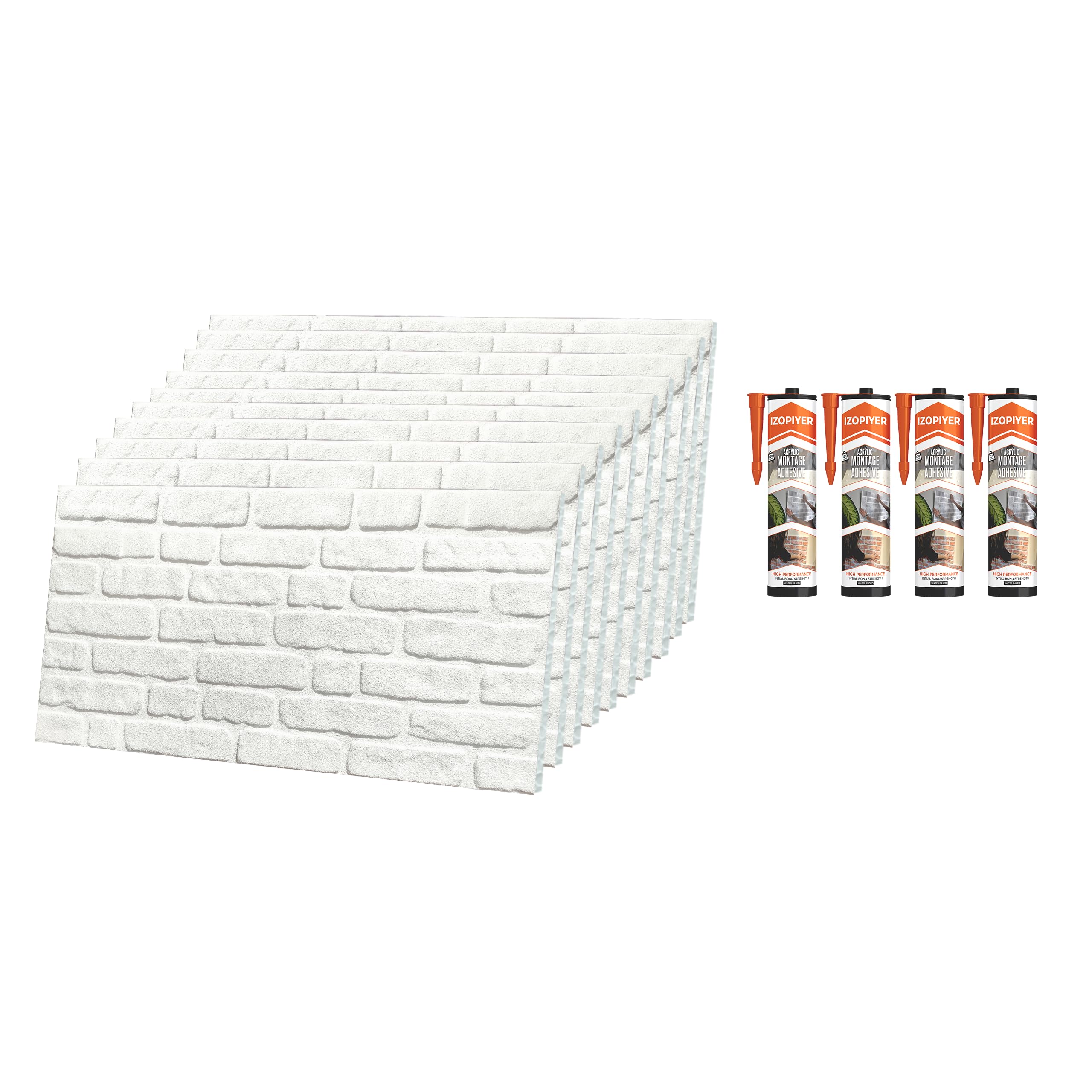 IZODEKOR Brick Effect 3D Wall Panels - Cladding with Adhesive Sealant, Stone Look, Styrofoam Facing for Living Room, Kitchen | Snow White (10 x Panels & 4 x Adhesive Sealant Included)