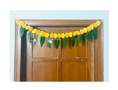 SPHINX Artificial Marigold &Mango Leaves Simple Door-Window toran/Door hangings/Festive Decorations - Approx.100 cms/40 Inches/3.33 Ft. - (Yellow and Light Orange, 1 Piece only)