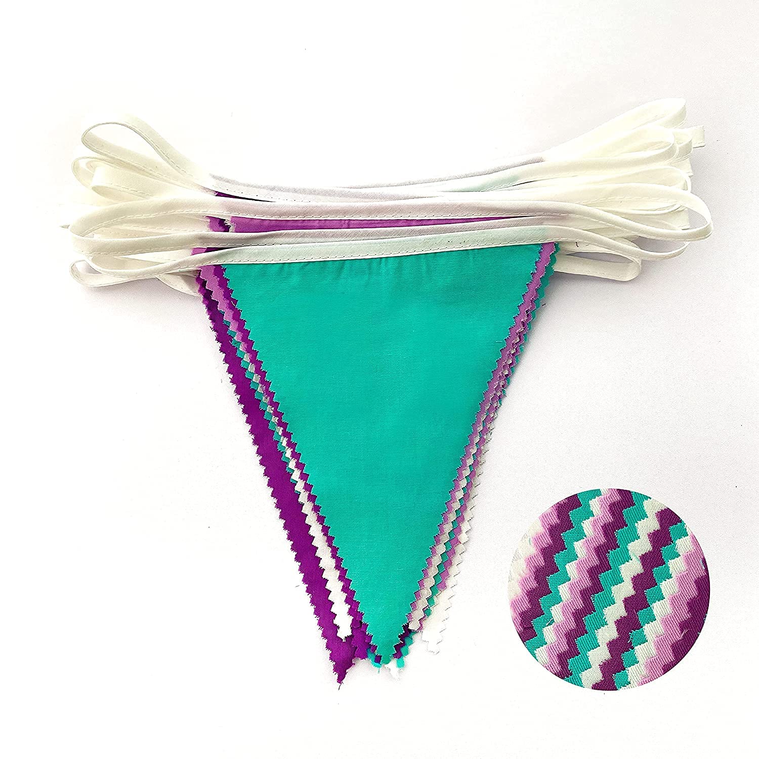 10M/32.8Ft Fabric Bunting Banner Purple White Bunting Party Decorations Cotton Triangle Flag Garland Pennant for Little Mermaid Girls Birthday Wedding Bachelorette Baby Shower Under The Sea Parties - Image 4