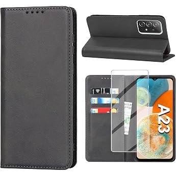 Vaki Mobile Phone Case for Samsung Galaxy A23 5G Case with Screen Protector Protective Leather Wallet Card Slot Stand Function Shockproof Flip Case Cover Foldable Black