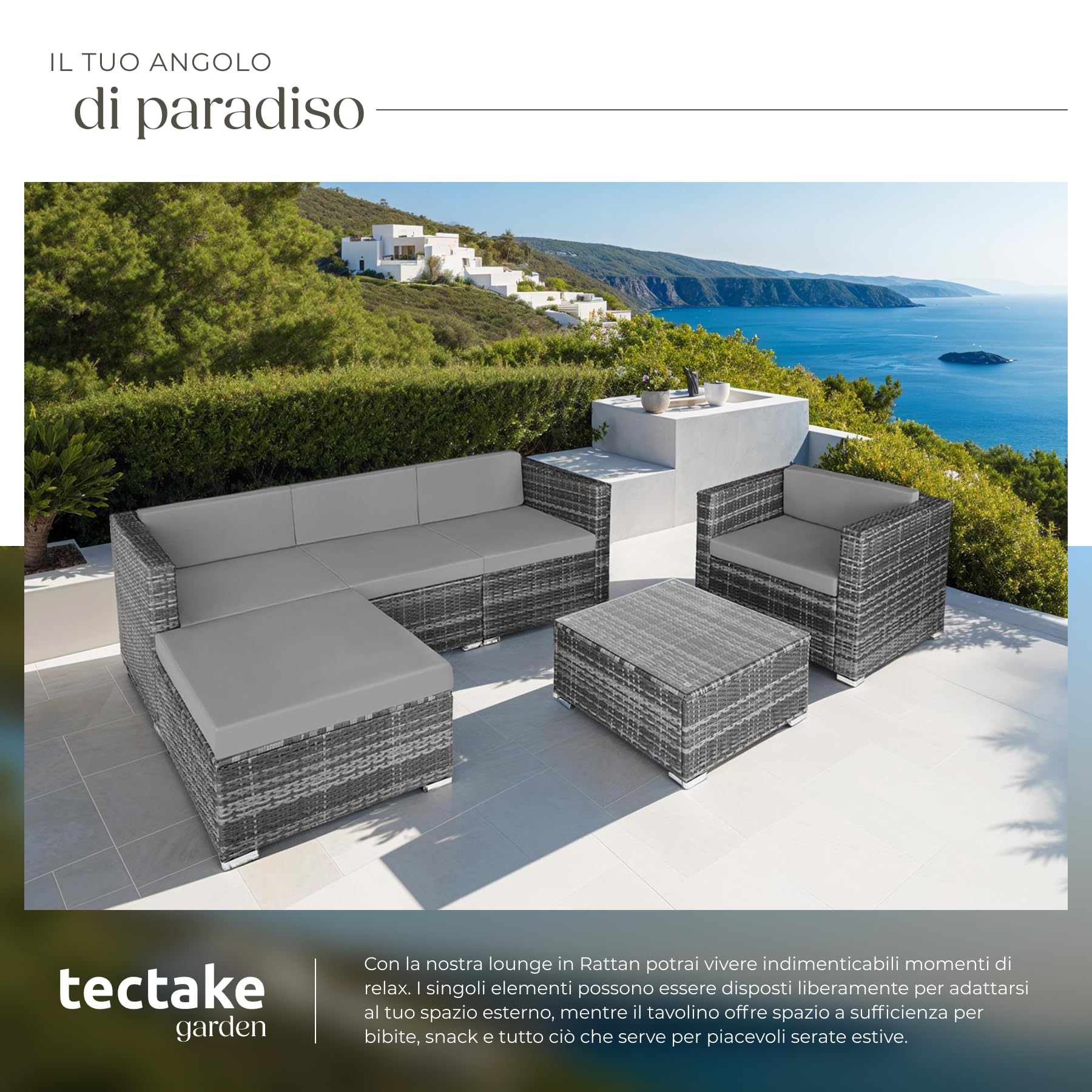 tectake® Set Rattan Milano, Arredo Giardino Elegante con Poltrone, Panche, Tavolo Vetro - Resistente UV, Struttura Acciaio, Imbottitura Morbida, Versatile - Grigio