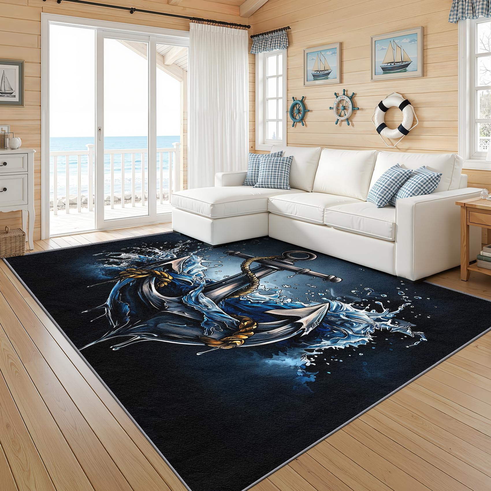 Zoainuos Anchor Rugs for Living Room - 6x9 Rug, Nautical Living Room Rugs, Navy Blue Bedroom Carpet, Maritime Carpet, Nautical Home Decor & Gifts