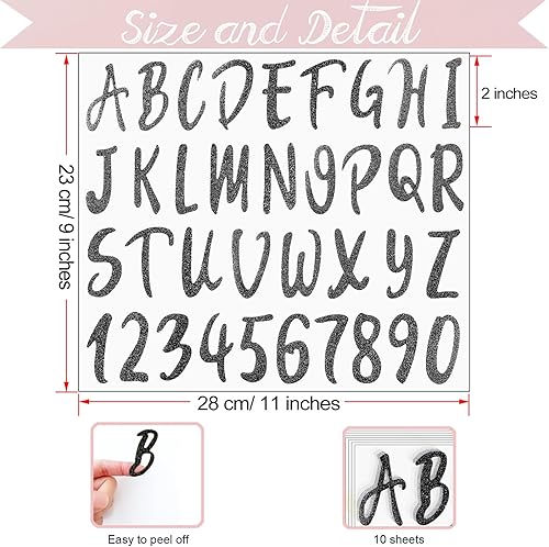 Miniatura 2 de Calcomanías de letras del alfabeto con purpurina, 360 piezas, 10 hojas autoadhesivas de letras negras, 2 pulgadas
