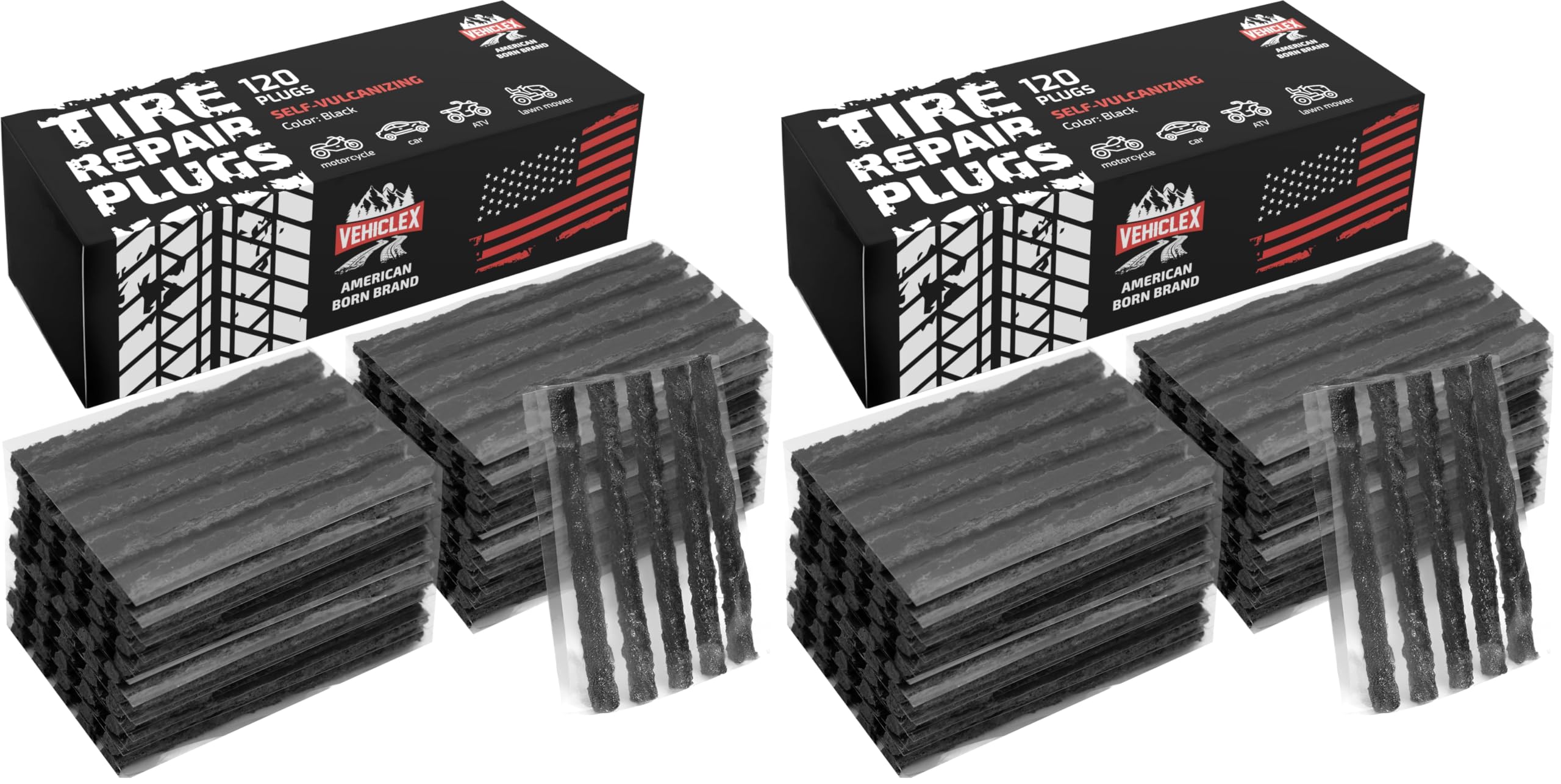 Vehiclex Flat Tire Repair Plugs 120pcs - Heavy Duty Refill Pack, Plug and Patch Kit for Emergency Repairs, Black (Pack of 2)