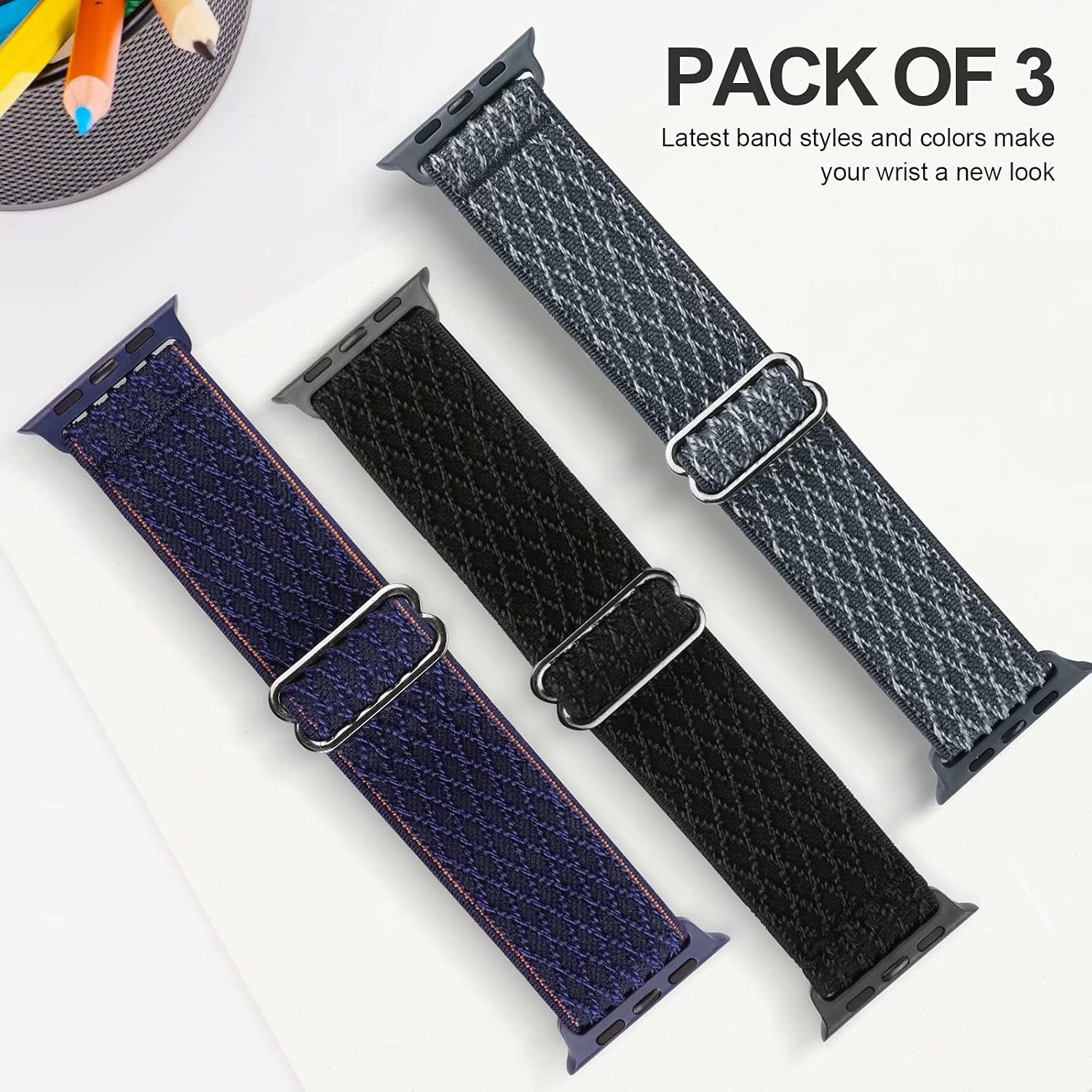 Swhatty Stretchy Nylon Solo Loop Bands Compatible with Apple Watch 45mm 41mm 44mm 40mm 42mm 38mm, Adjustable Braided Sport Elastics Women Men Strap for iWatch Series 7/6/5/4/3/2/1 SE, 3 Pack E 38 : Cell Phones & Accessories