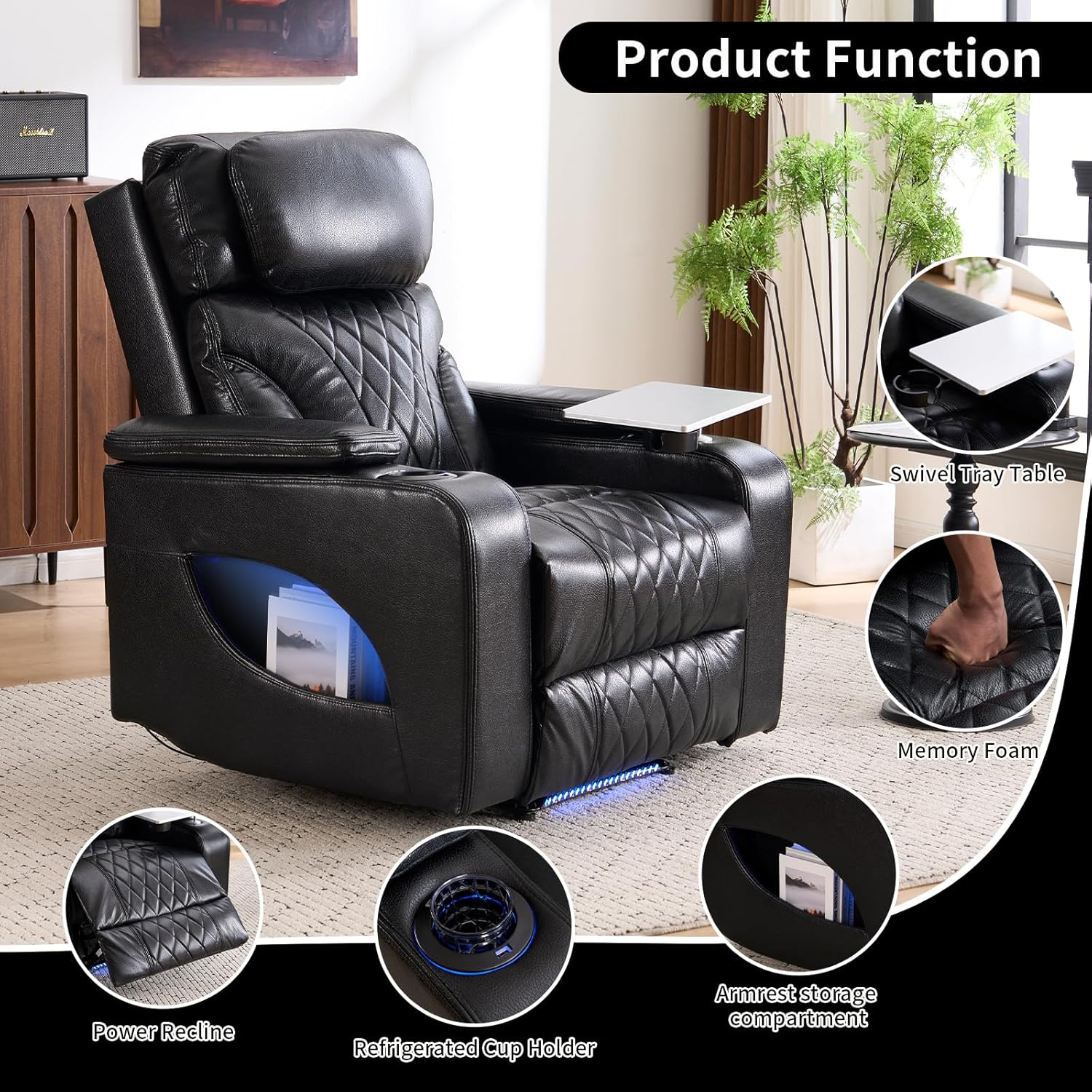 Home Theater Seating Power Recliner with Cooling Cup Holder & Heating Massage, Electric Recliner Chair with Bule Color Ambient Light, Tray Table, USB Charging, Manual Headrest, Black