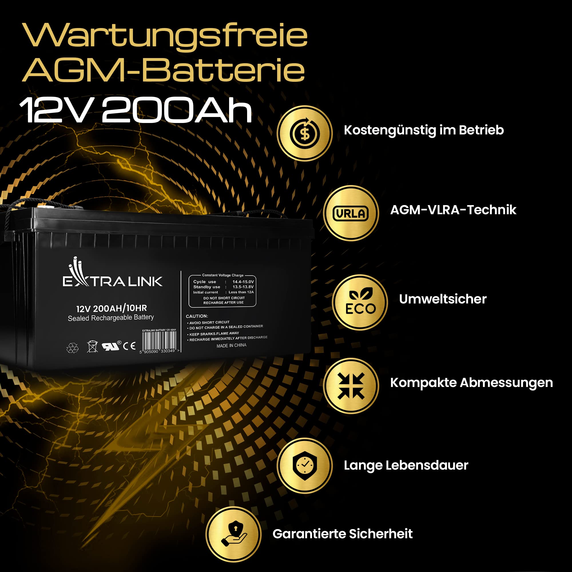 Extralink AGM Batterie 12V 200Ah – wartungsfrei, auslaufsicher, Deep Cycle – langlebige Versorgungsbatterie für Photovoltaik, Wohnmobil, USV, Inselanlage & Notstromversorgung