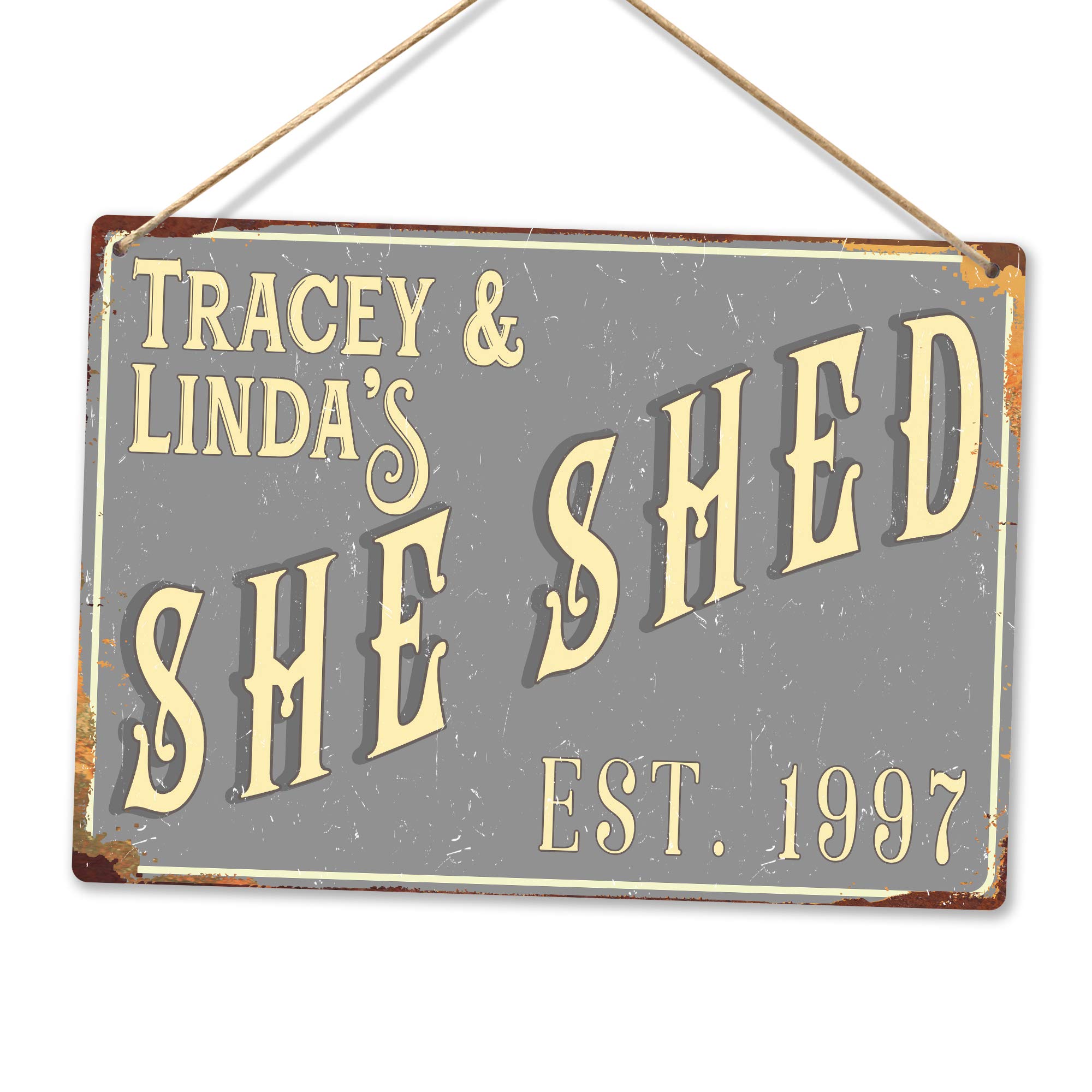 Personalised SHE SHED - Custom Name - Grey – Medium Twine | Printed Metal Wall Sign Plaque