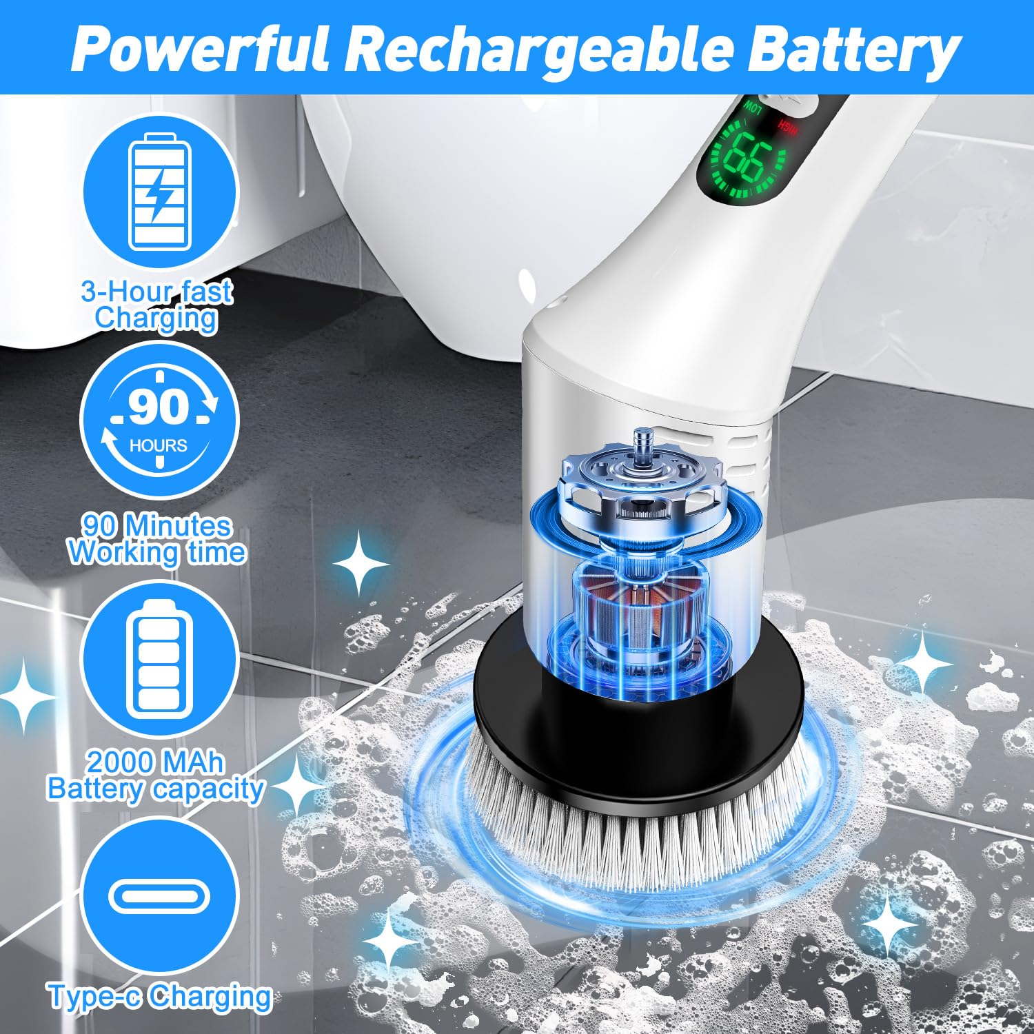 Limpiador giratorio eléctrico, limpiador de ducha inalámbrico con 9 cabezales de cepillo, 2 velocidades con mango de extensión ajustable, estropajo de baño impermeable con pantalla LCD para