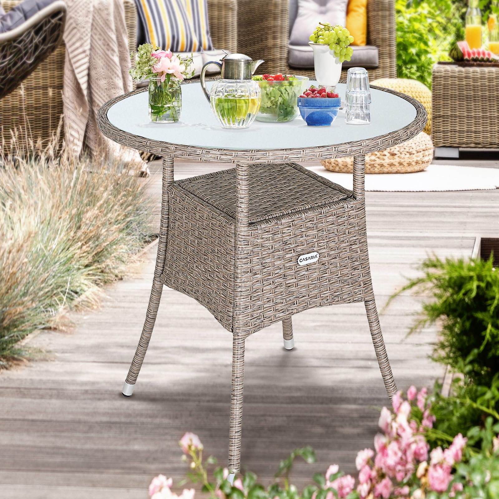 Casaria Tavolo Rotondo da Giardino Polyrattan Ø60 Piano in Vetro 5mm Altezza Regolabile