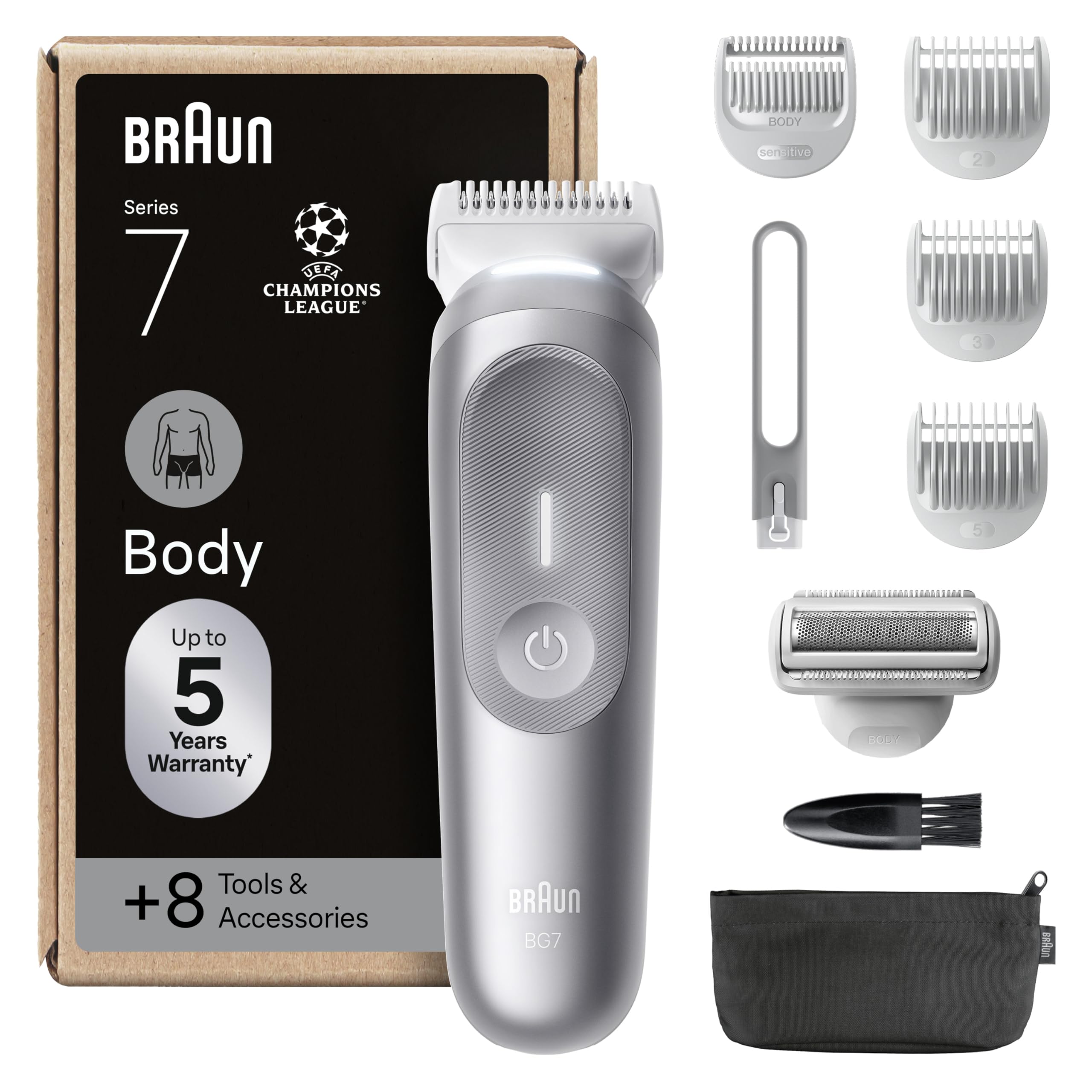 Braun Series 7 Men's Electric Body Shaver, +8 Body Care Tools, Smartlight & SkinGuard Light, 100 Min Use, SmoothShave & SensitiveTrim Heads, Waterproof, Men's Intimate Shave, Grey