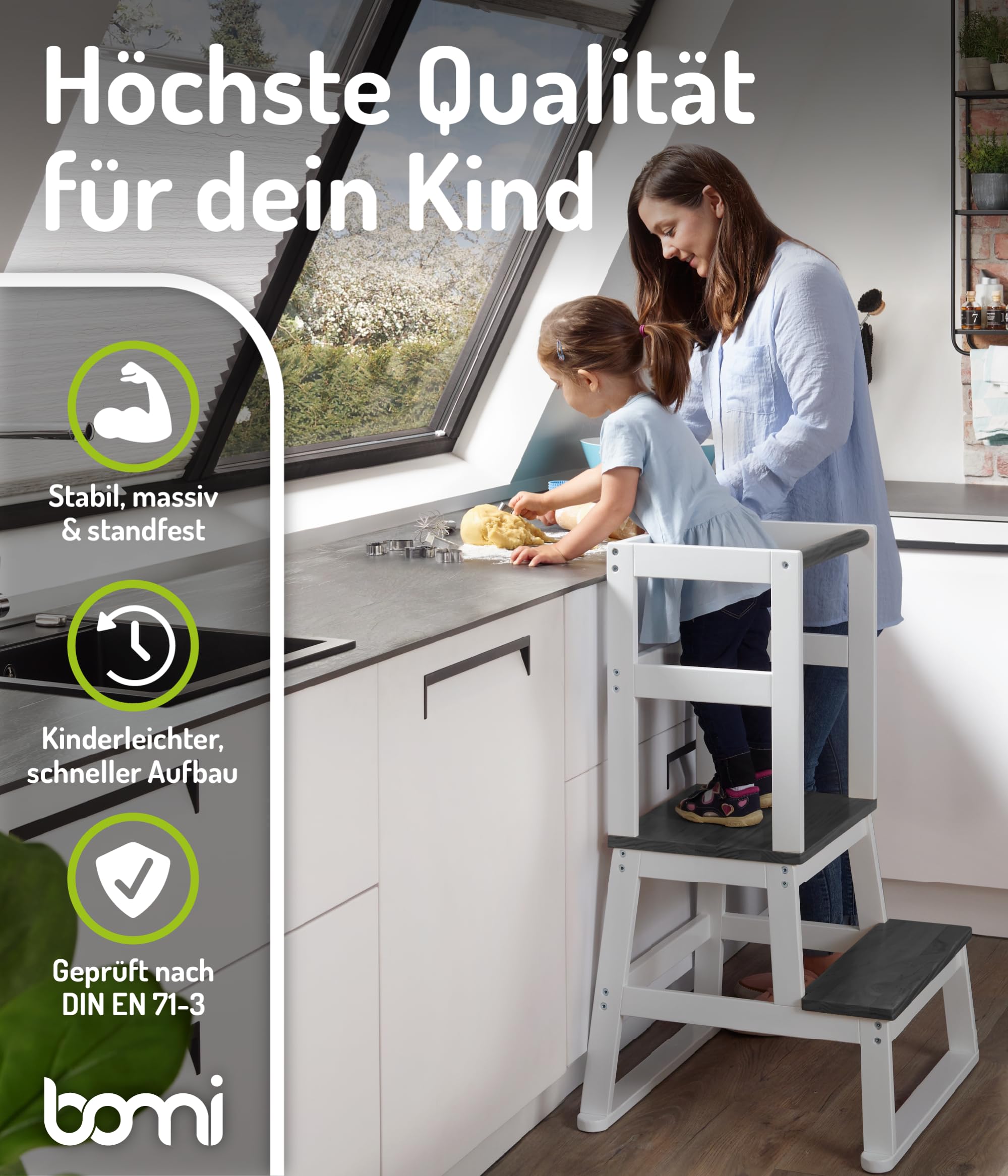 BOMI® Swubi Montessori Lernturm ab 1 Jahr | Sicherer Tritthocker Kinder 2 Stufen | Learning Tower für Kind & Baby aus Holz | Schemel, Lernstuhl als Stehhilfe, Tritthocker Holz, Kinderhocker Weiß Grau