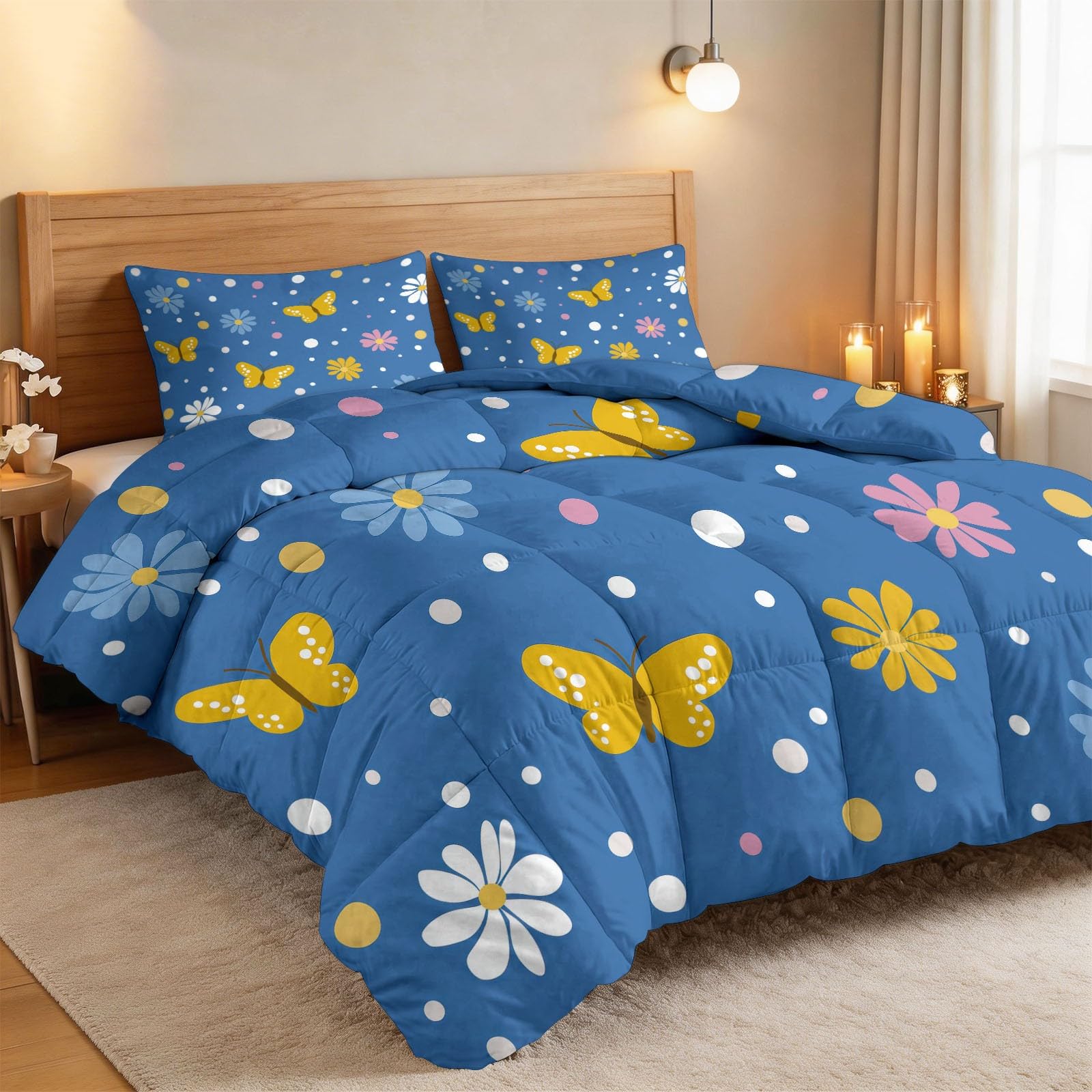 Gelber Schmetterling Kleine Blumen Bettdecke 220 x 240 cm 4 Jahreszeiten Steppdecke, Lustiger Cartoon Ganzjahresdecke Kleinkinder Bettwaren Set Kinderzimmer Mädchenzimmer Bettdecke Ohne Bezug