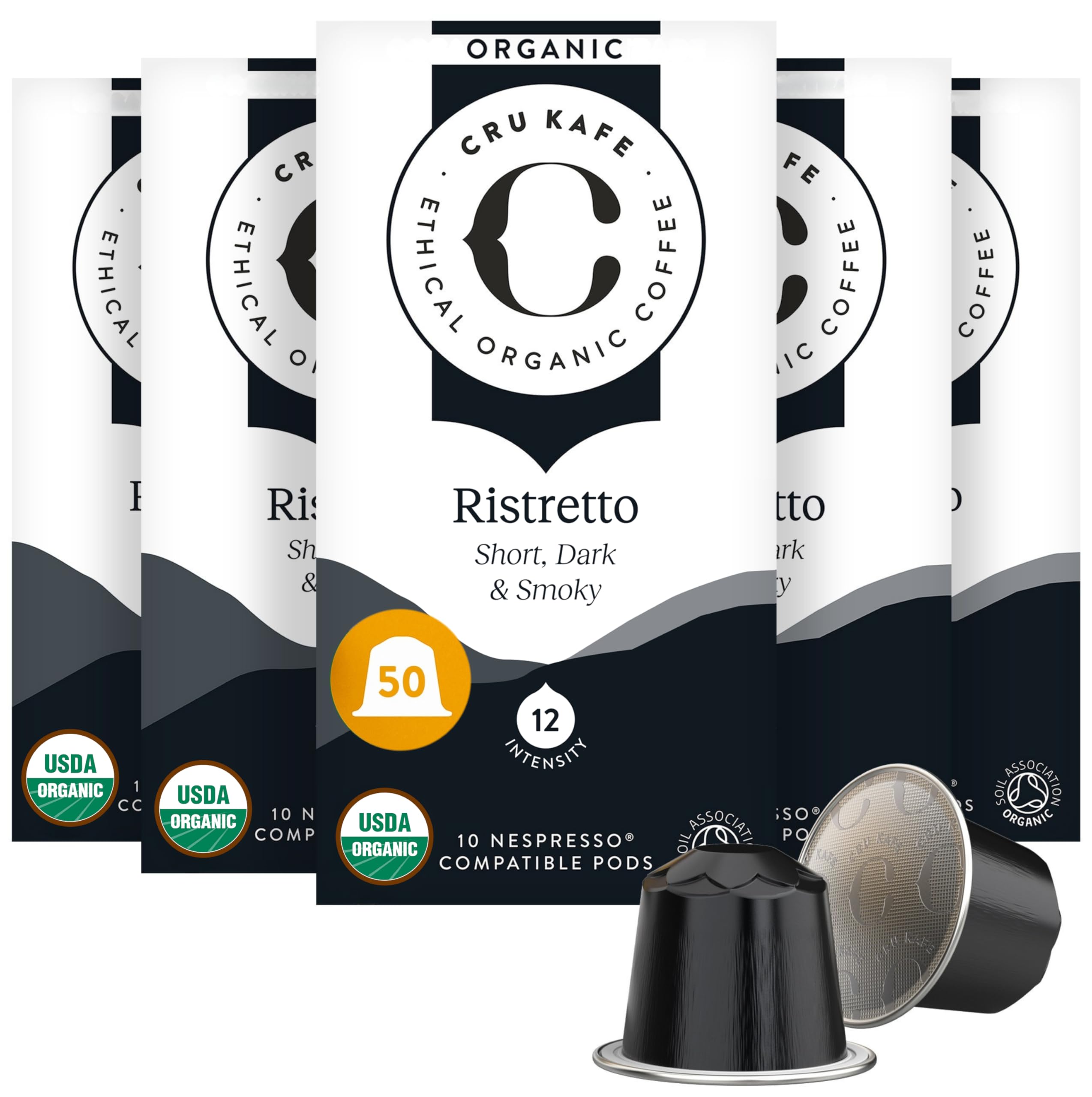 Ristretto USDA Organic Espresso Coffee Capsules (50 Pods) Fairtrade Coffee Pods Compatible with Nespresso Original Line and Pixie Machines