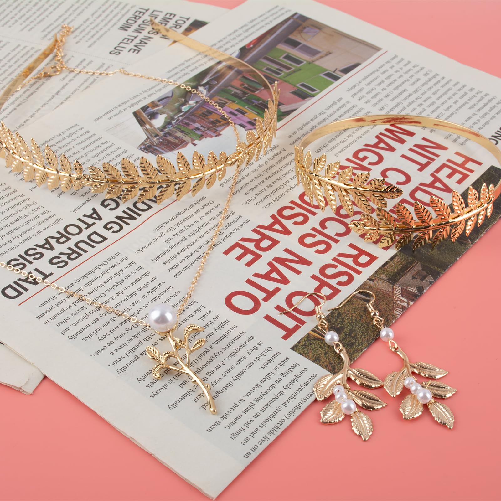 AYNKH Greek Goddess Costume Accessories Set for Women, Includes Gold Leaf Crown, Earrings, Arm Band, and Necklace - Image 3
