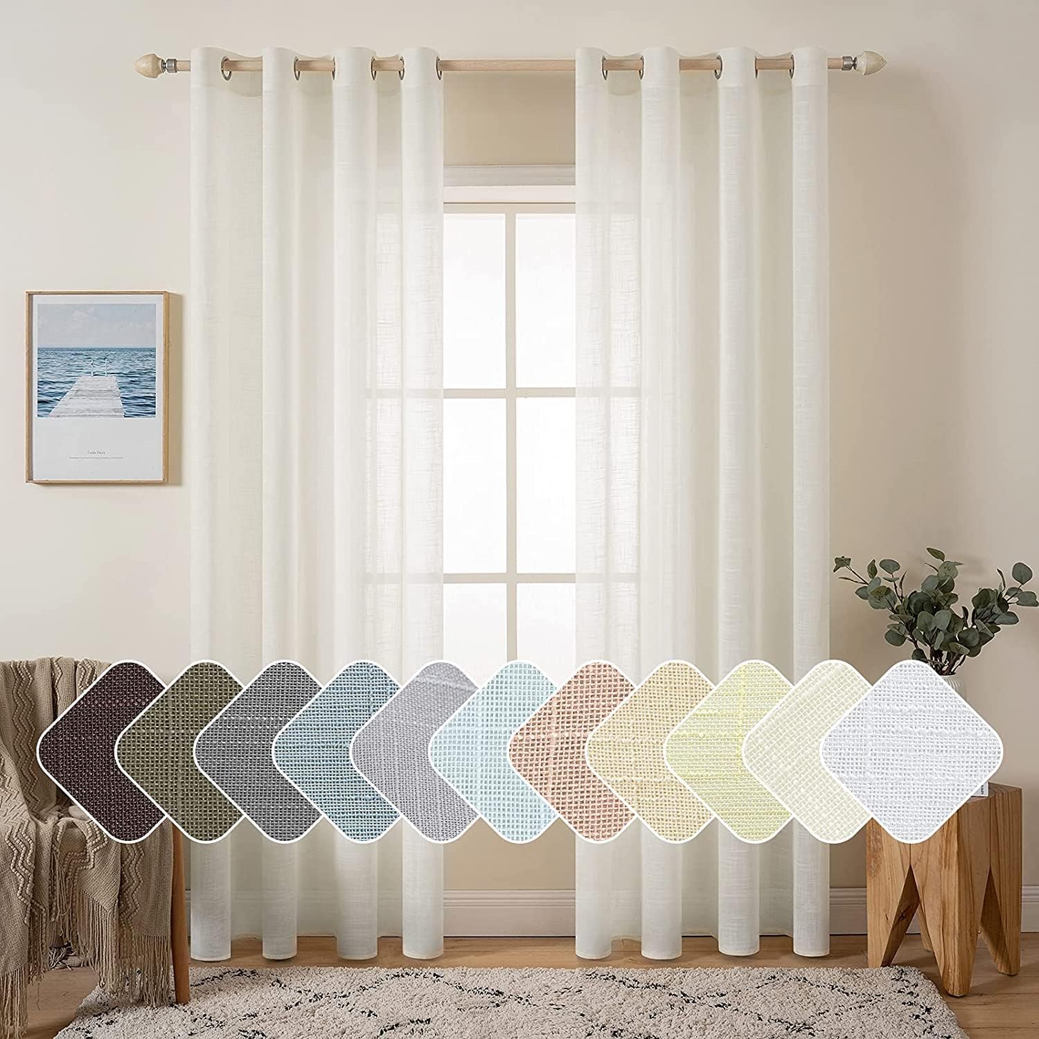 (different color)MIULEE 2 Panels Natural Linen Look Textured Sheer Curtains Elegant Solid Ivory Drapes Grommet Top Window Voile Panels for Bedroom Living Room (52X84 Inch) W52xL84 Ivory