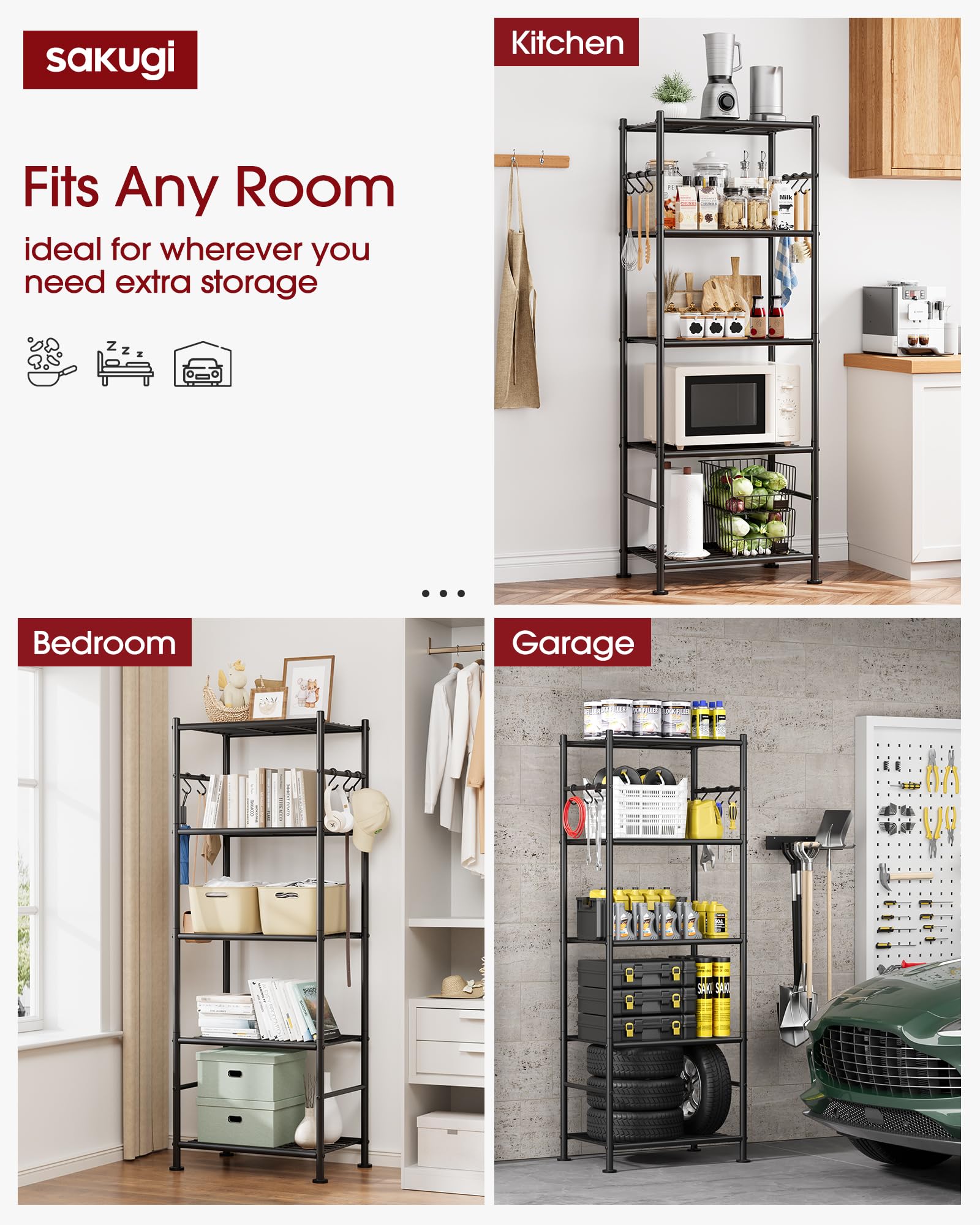 Sakugi Storage Shelves - 5-Tier Large Capacity Shelf Organizer with Hooks, Heavy - product photo