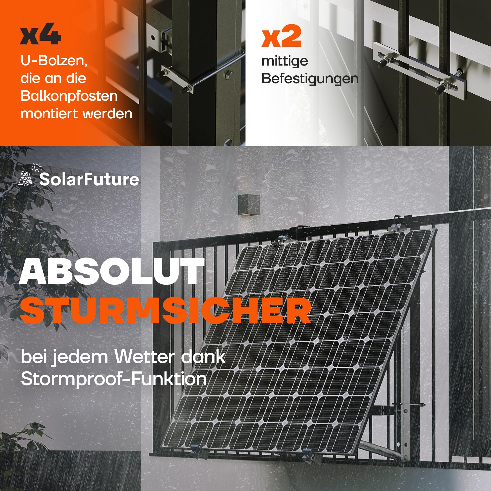 SolarFuture Balkonkraftwerk Halterung Balkon - Flexibel Anpassbar & Sturmsicher | Solarpanel Halterung Solarmodul Halterung Balkonkraftwerk Pv Halterung Photovoltaik Befestigung Balkon Flachdach Wand
