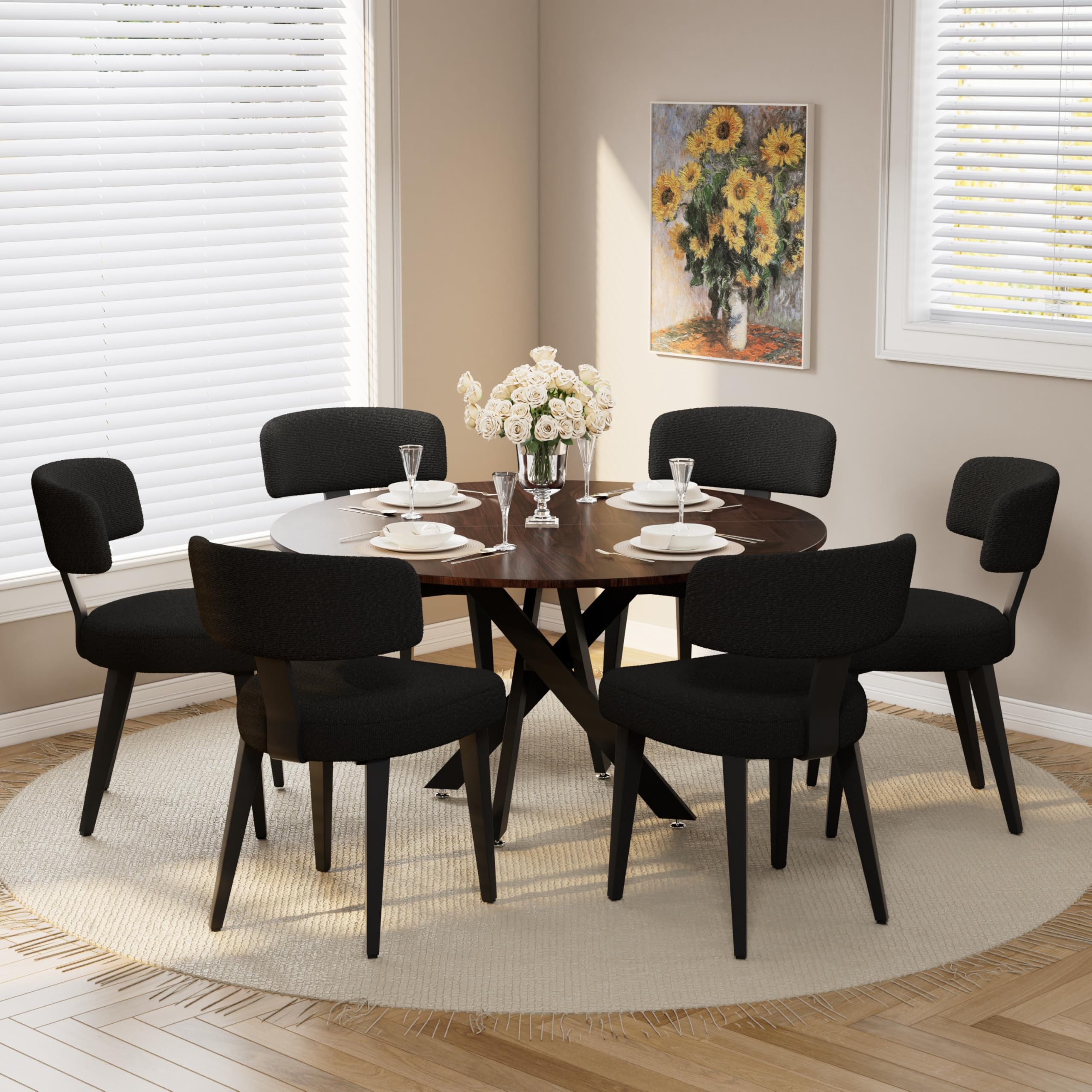 Wood Dining Table Set for 6, 47" Round Kitchen Table with 6 Boucle Dining Chairs, MDF Tabletop with Metal Legs, Ergonomic Dining Chair with Metal Legs(Woodgrain Table)