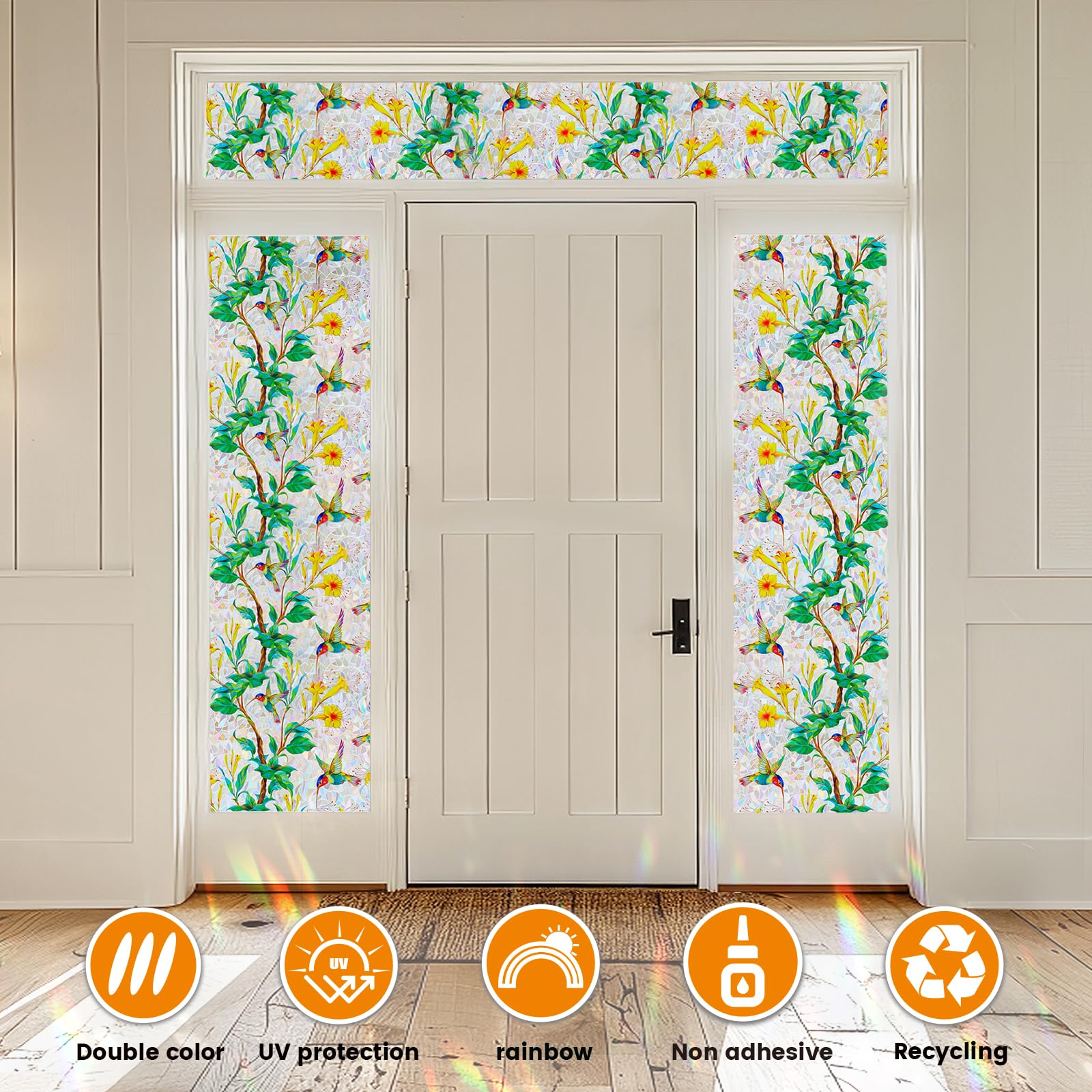 COUNTEWOL Bunte Sichtschutzfolie mit Vogel- und Blumenmuster, Buntglas-Fensterfolie, Regenbogen-Fensterfolie, nicht klebend, wiederverwendbar, dekorativ für Zimmer, Kolibriblüte, 44,5 x 499,8 cm