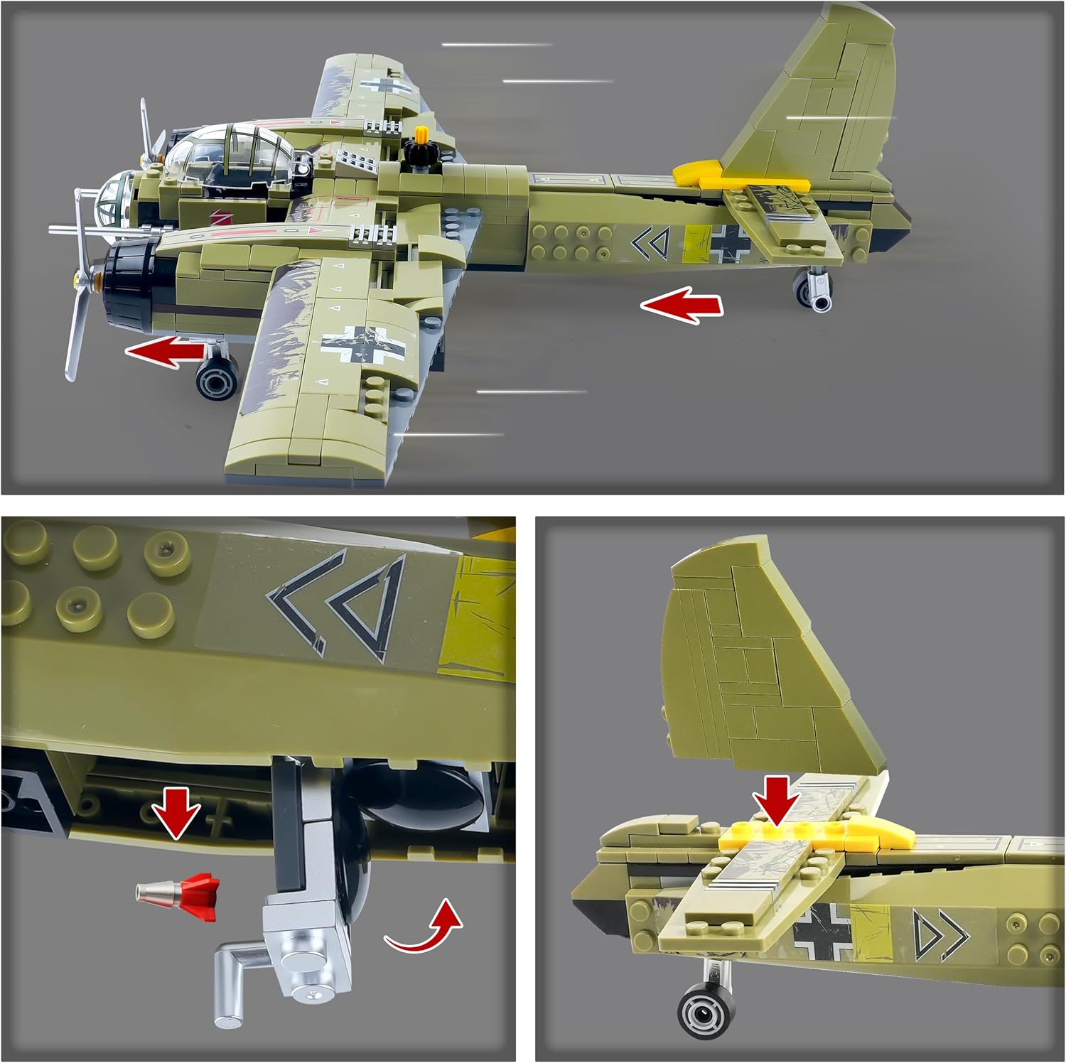 General Jim's WWII Iron Empire JU-88 Bomber Plane Building Blocks Set, 559 Pieces German Twin-Engine Aircraft Model w/Display Stand, Detailed WWII Airplane Compatible w/Major Brick Brands | GJ-WW2GB