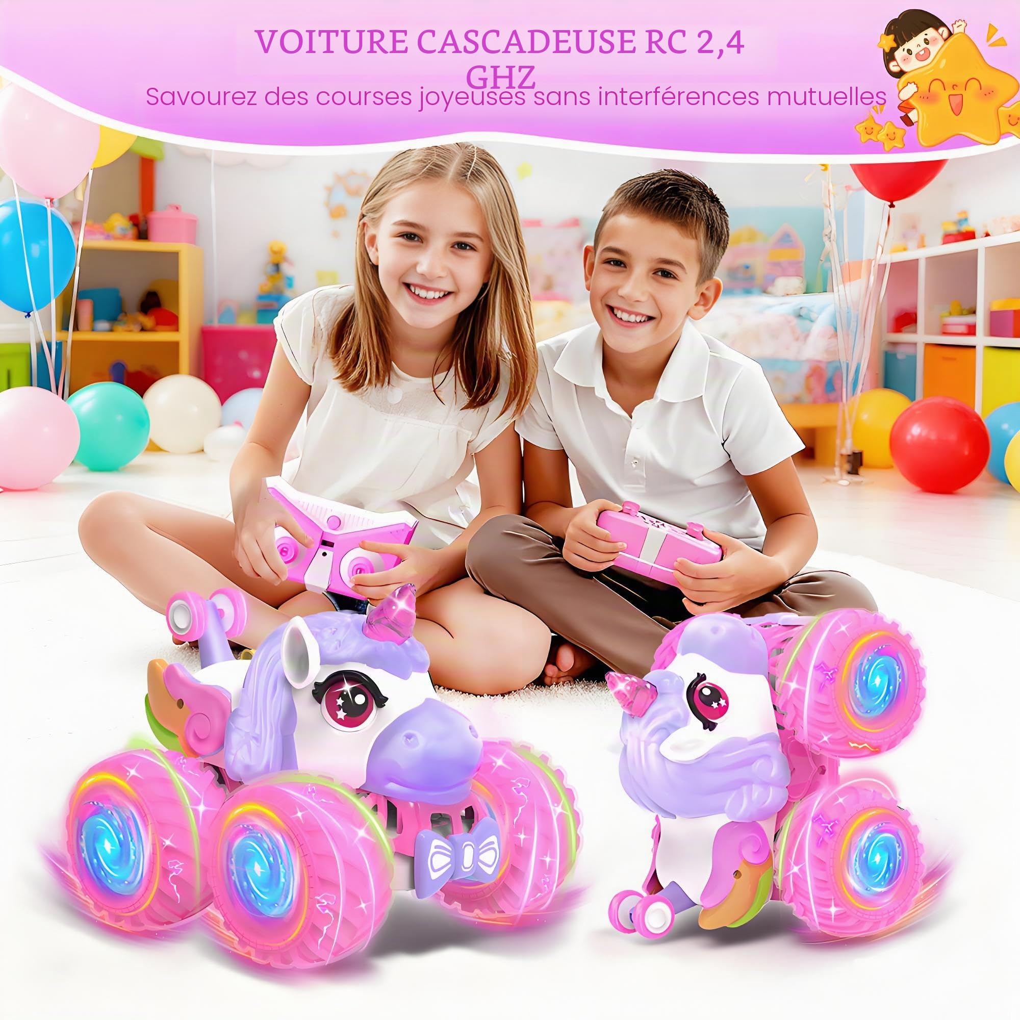 Voiture Télécommandée Licorne pour Fille, Voiture de Cascade Rotative à 360° avec LED, 2.4 GHz RC Cadeaux de Noël Originaux Anniversaire Jouet Enfant 3 Ans+ pour Intérieur et Extérieur