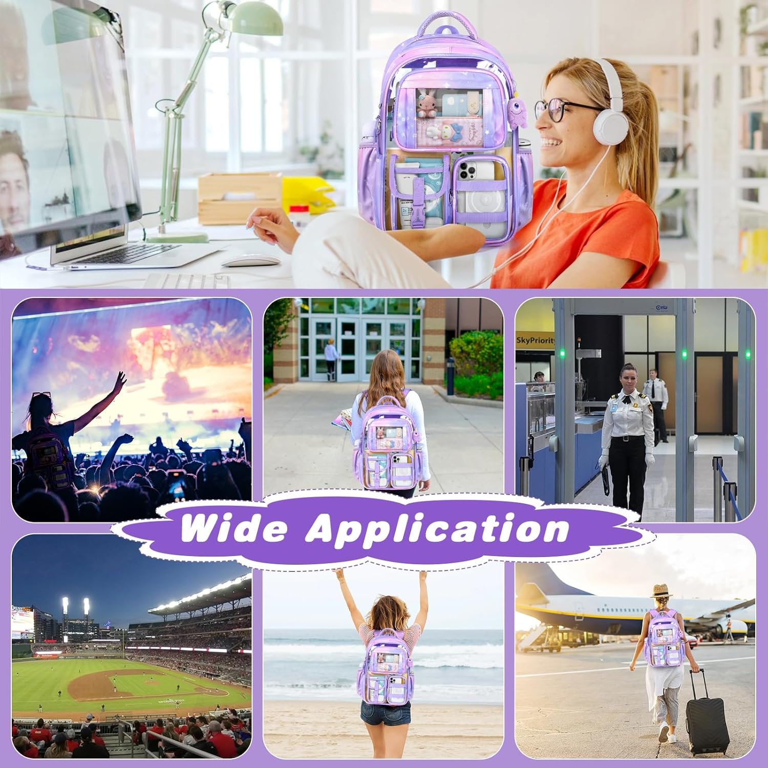 PAMANO Clear Backpack for Girls, Heavy Duty Transparent Bookbag for Kids, See Through Cute Backpacks for Elementary Primary School Work Sport Travel - Purple - Image 7