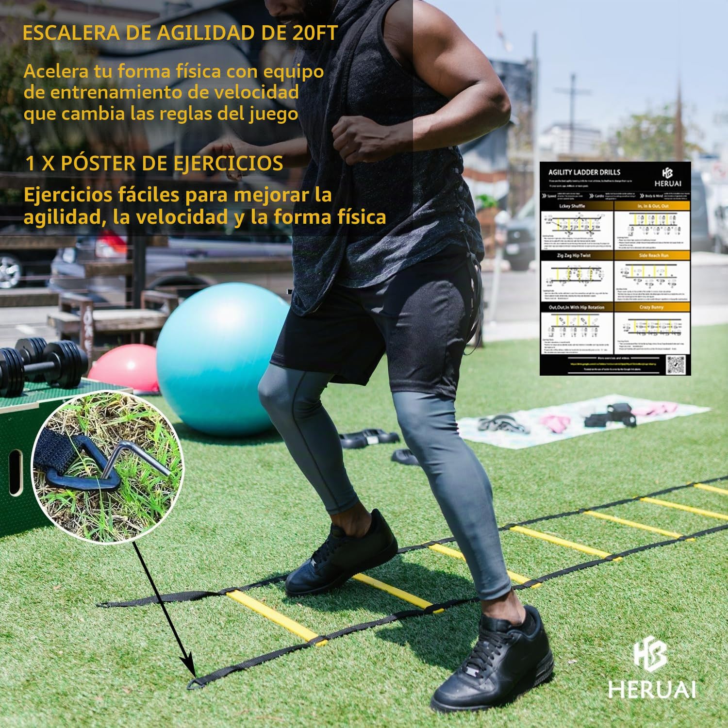 Juego de equipo de entrenamiento de velocidad de escalera de agilidad, escalera de velocidad de 6m (20 pies), 4 obstáculos, 10 conos de velocidad, paracaídas para correr, equipo de entrenamiento de