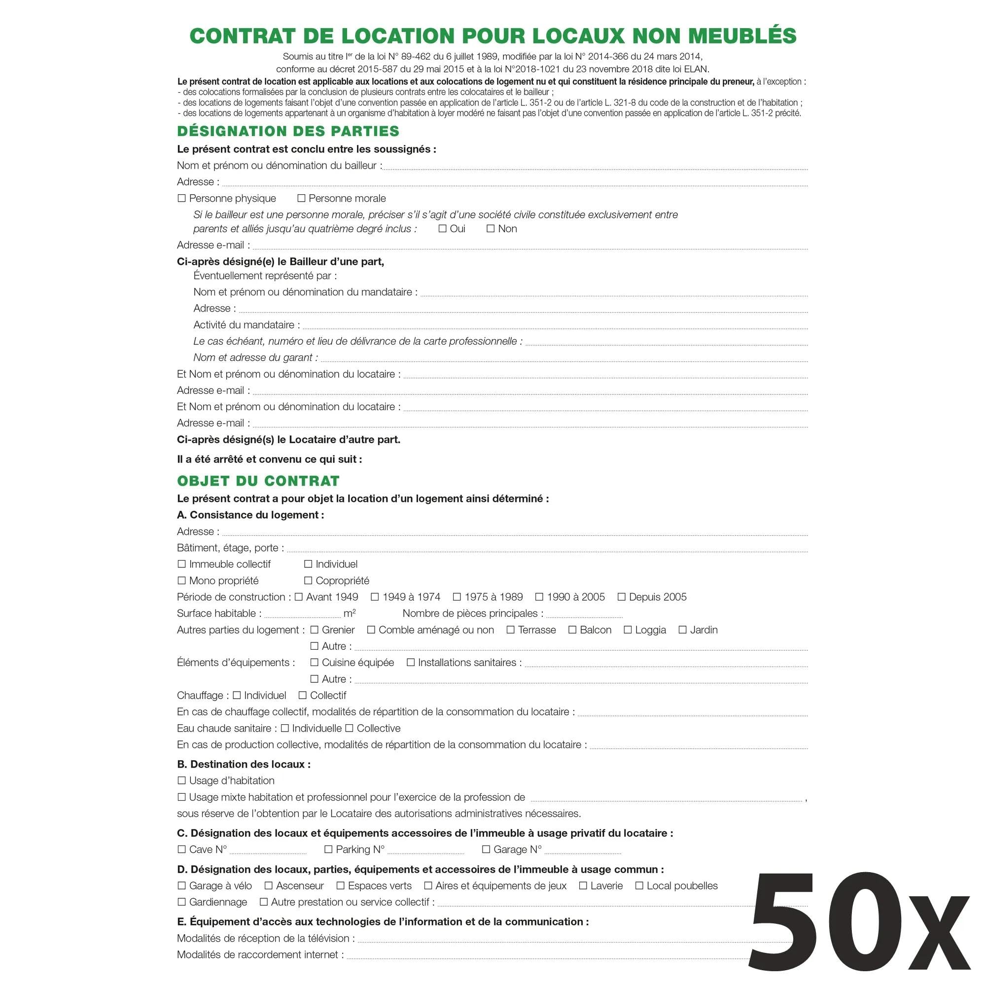 Exacompta - Réf- 45E - Paquet de 50 feuilles Contrat de location pour locaux non meublés utilisées dans les dossiers réf- 44E et 41E - Conforme au contrat type obligatoire ainsi qu'à la loi CLIMAT