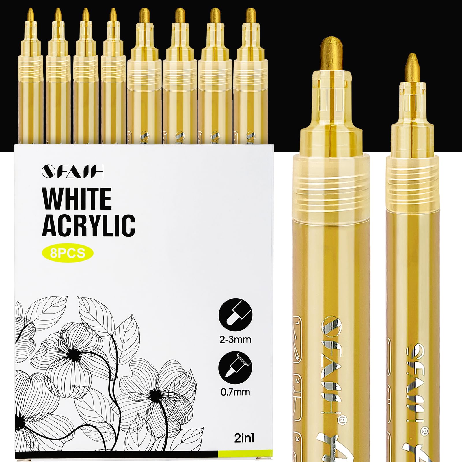 SFAIH Acrylic Gold Paint Pens - 8 Pack 2-3MM Medium Tip & 0.7MM Extra Fine Gold Markers Permanent for Rock, Wood, Metal, Fabric, Plastic, Glass, Ceramic, Diy Crafts, Large Ink Capacity, High Coverage