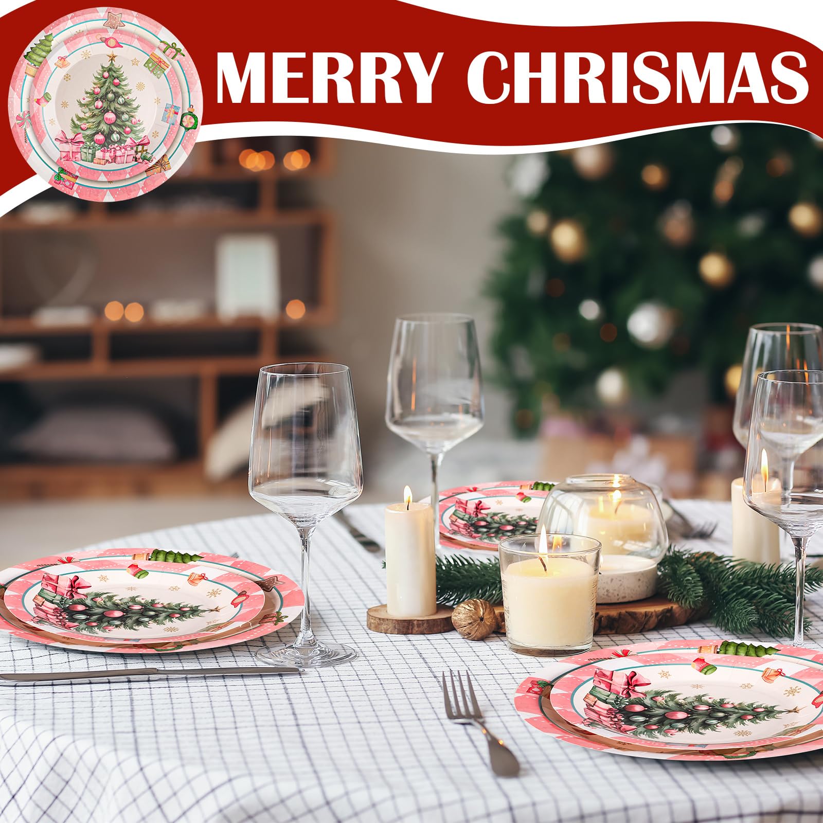 Funnymoom 200 piezas de suministros de fiesta de Navidad, platos y servilletas de Navidad, platos de papel de Navidad, 50 platos de cena de Navidad, 50 platos desechables de postre, 100 servilletas