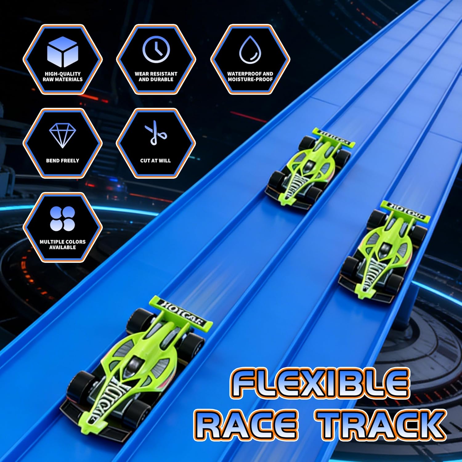4-Lane Flexible Race Track, 15 Ft, Ocean Blue, Roll-Up Portable Racing Ramp with Suction Cups, Compatible with Hot Wheels/Matchbox and 1/64 Diecast Cars