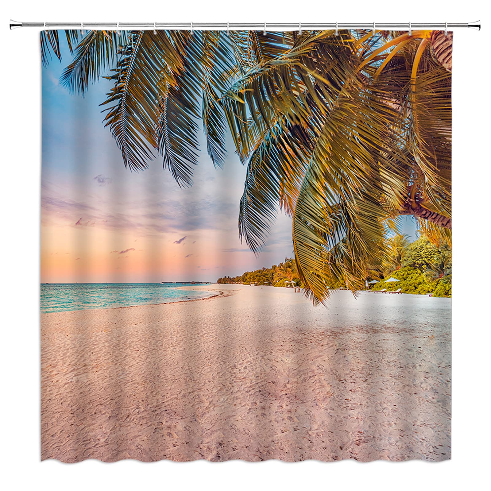 KTGHA Beach Palm Leaves Shower Curtain Tropical Ocean Coastal Green Leaves Natural Scenery Peaceful Hawaii Seaside Summer Sea Fabric Bathroom Decor