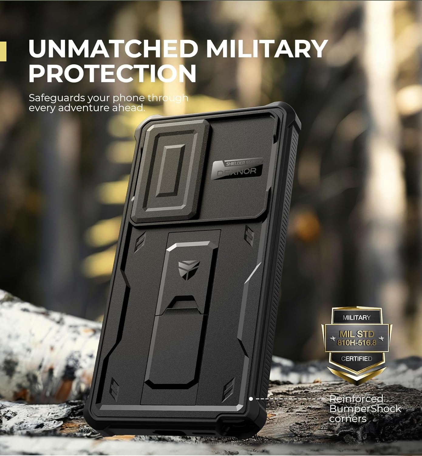 Dexnor Samsung Galaxy S25 Ultra case on a wooden surface, highlighting its military-grade protection certification.
