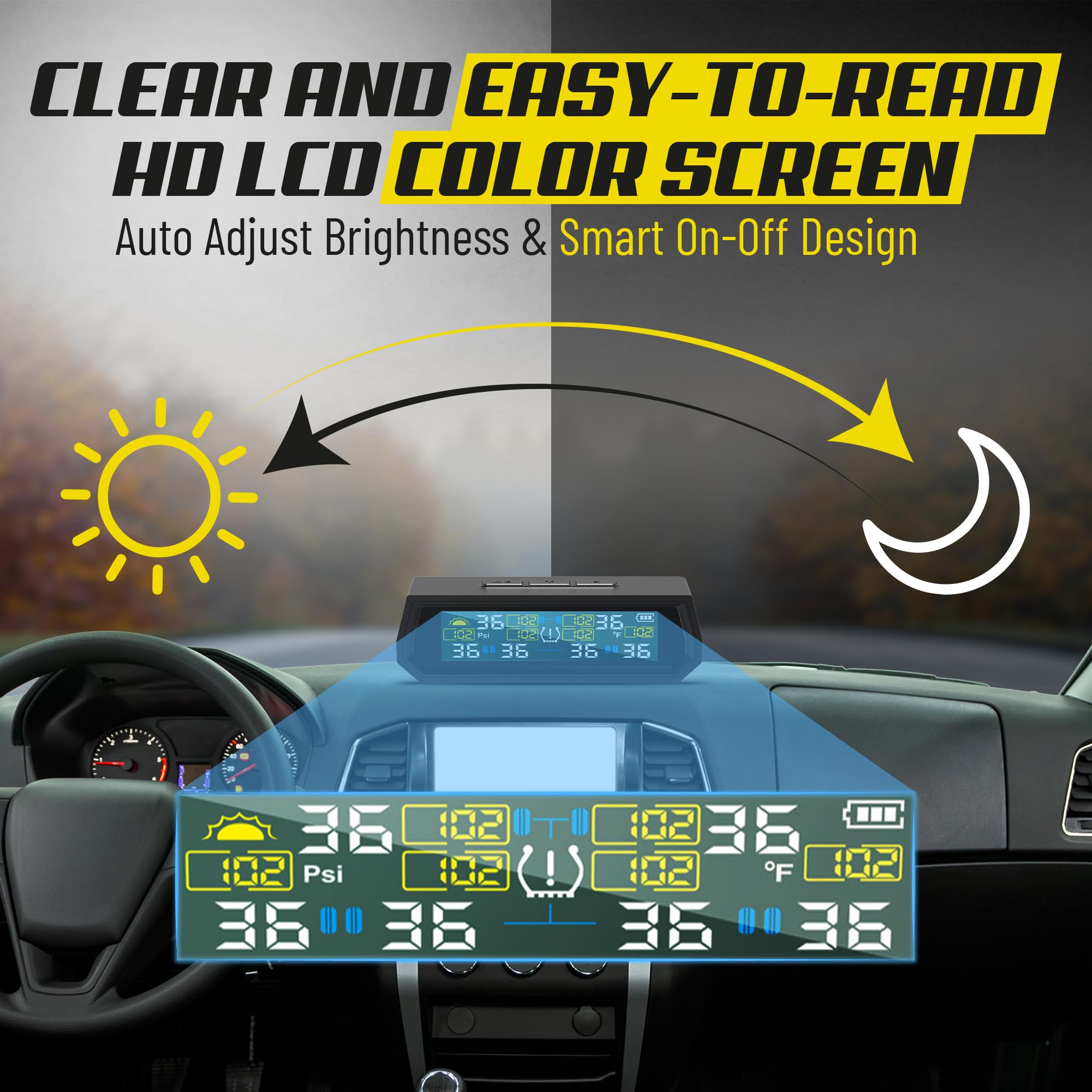 RV-Reifendruckkontrollsystem (TPMS) – 6 Sensoren, solarbetrieben, kabellos, Echtzeitüberwachung mit LCD-Display und Alarm, wasserdicht für Wohnmobil, Anhänger, Wohnmobil, Reifen, T026