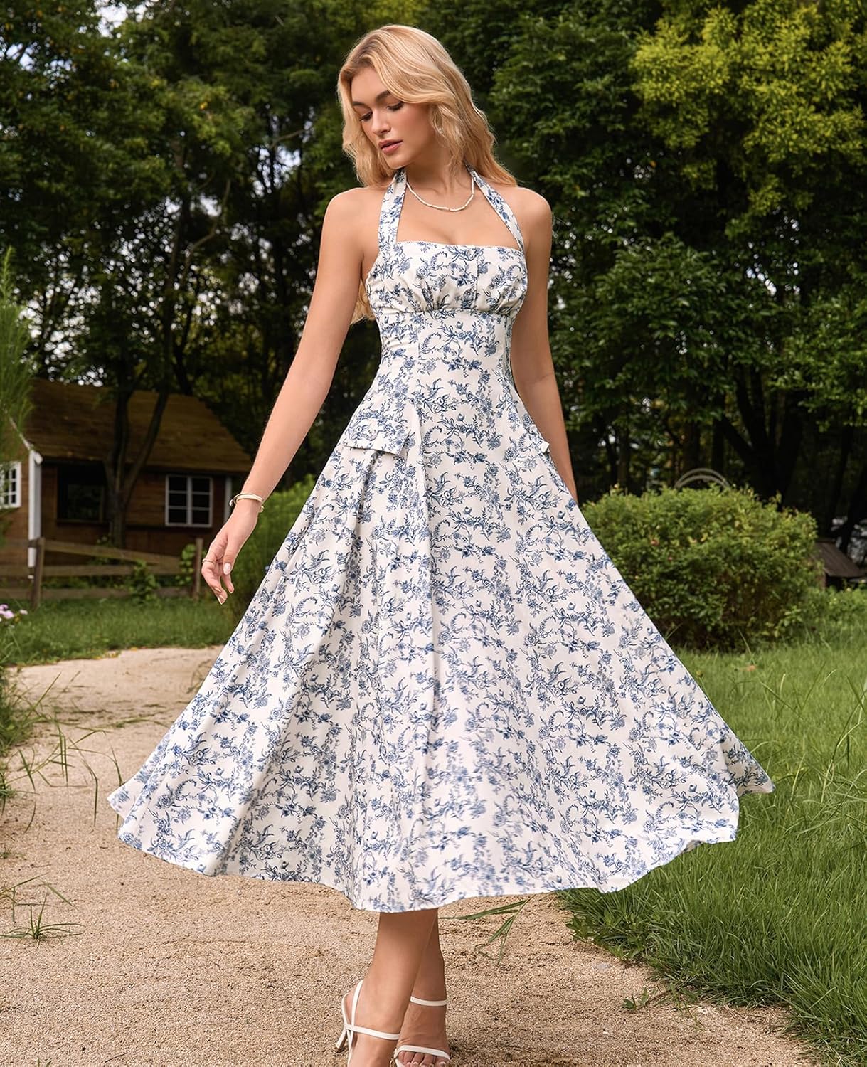 GLNEGE Floral Halter Corset Midi Dresses Summer Flowy Wedding Guest Dress A Line Bow Tea Party Sundress for Women - Image 4