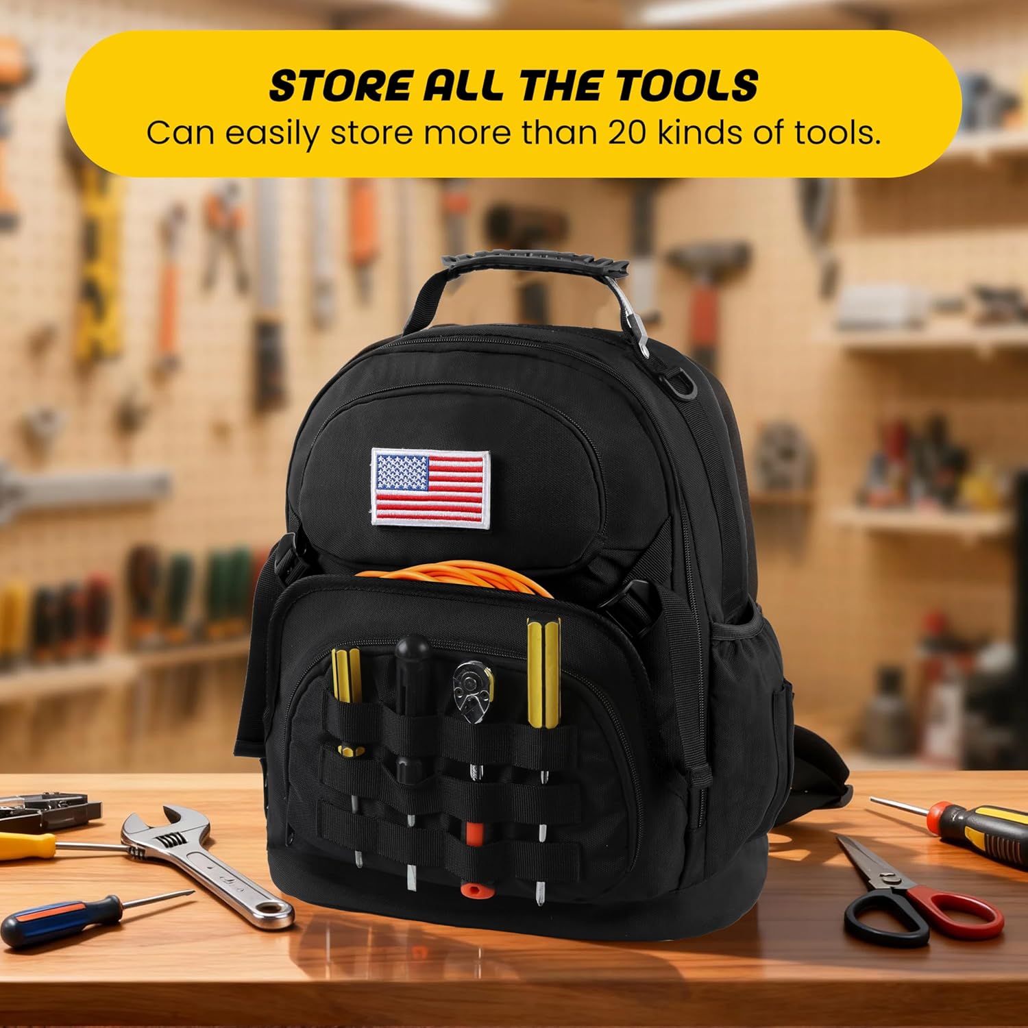 Tool Backpack, Heavy Duty Tool Bag with Removable Tool Organizer, Work Backpack Storage Bag with Padded Shoulder for Electrician, Repairman, Plumber, Hvac Techs