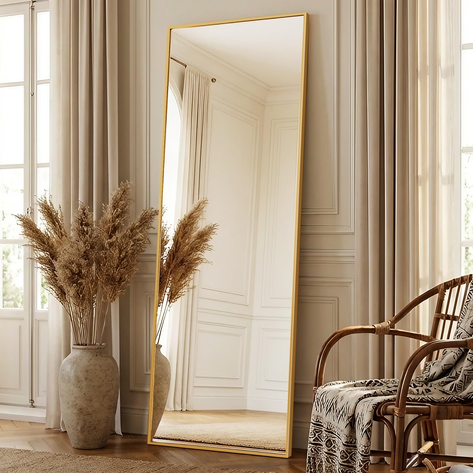 16"x59" Rectangle Full Length Mirror, Alloy Frame Freestanding Mirror