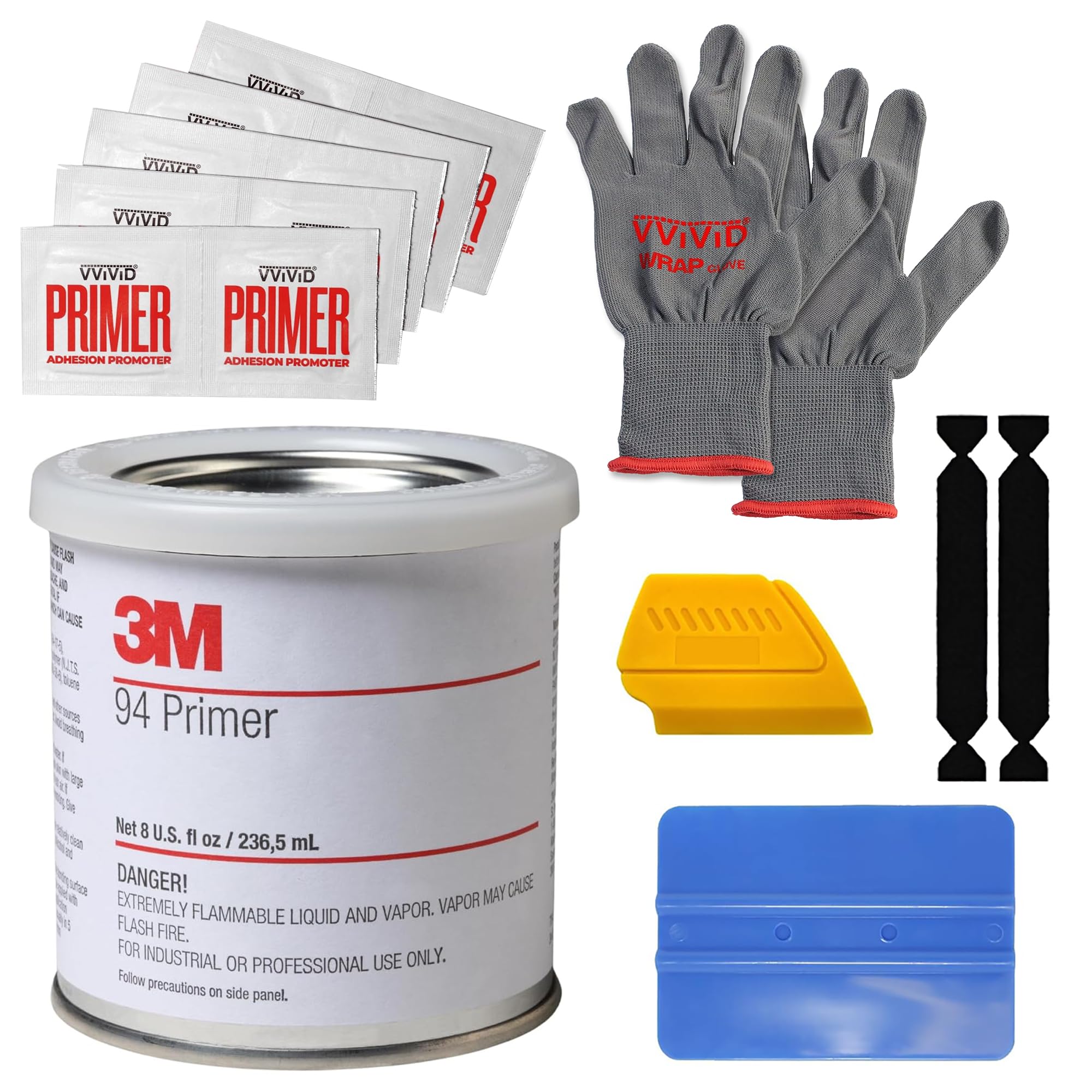 VViViD 3M Primer 94 8oz - 236ml Car Wrapping Application Tool - With 10 Primer Wipes, Wrap Gloves, Blue Squeegee, 2 Felt Tips and Detailer Squeegee.
