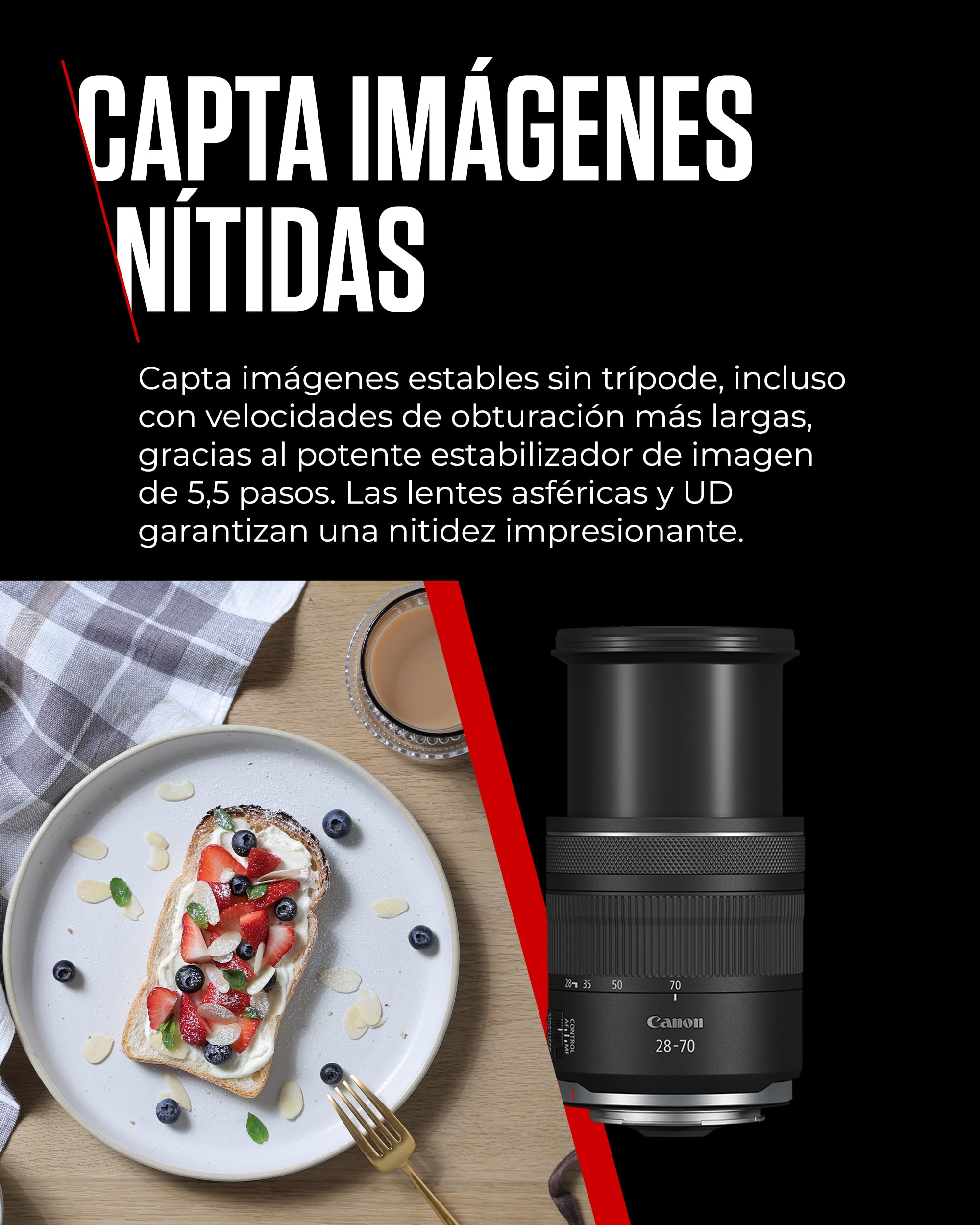 Canon Objetivo zoom estándar RF 28-70mm F2.8 IS STM para cámaras del sistema EOS R con estabilizador de imagen de 5,5 pasos sellado contra las inclemencias meteorológicas y un diseño compacto y ligero