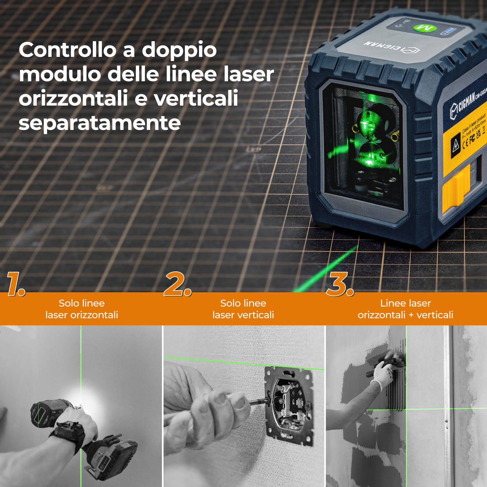 Livella Laser, CIGMAN G02 Cross Livello Laser Autolivellante a Raggio Verde Laser Orizzontale e Verticale a Linee Incrociate per la cantieri, interni, DIY.(Batteria Inclusa)
