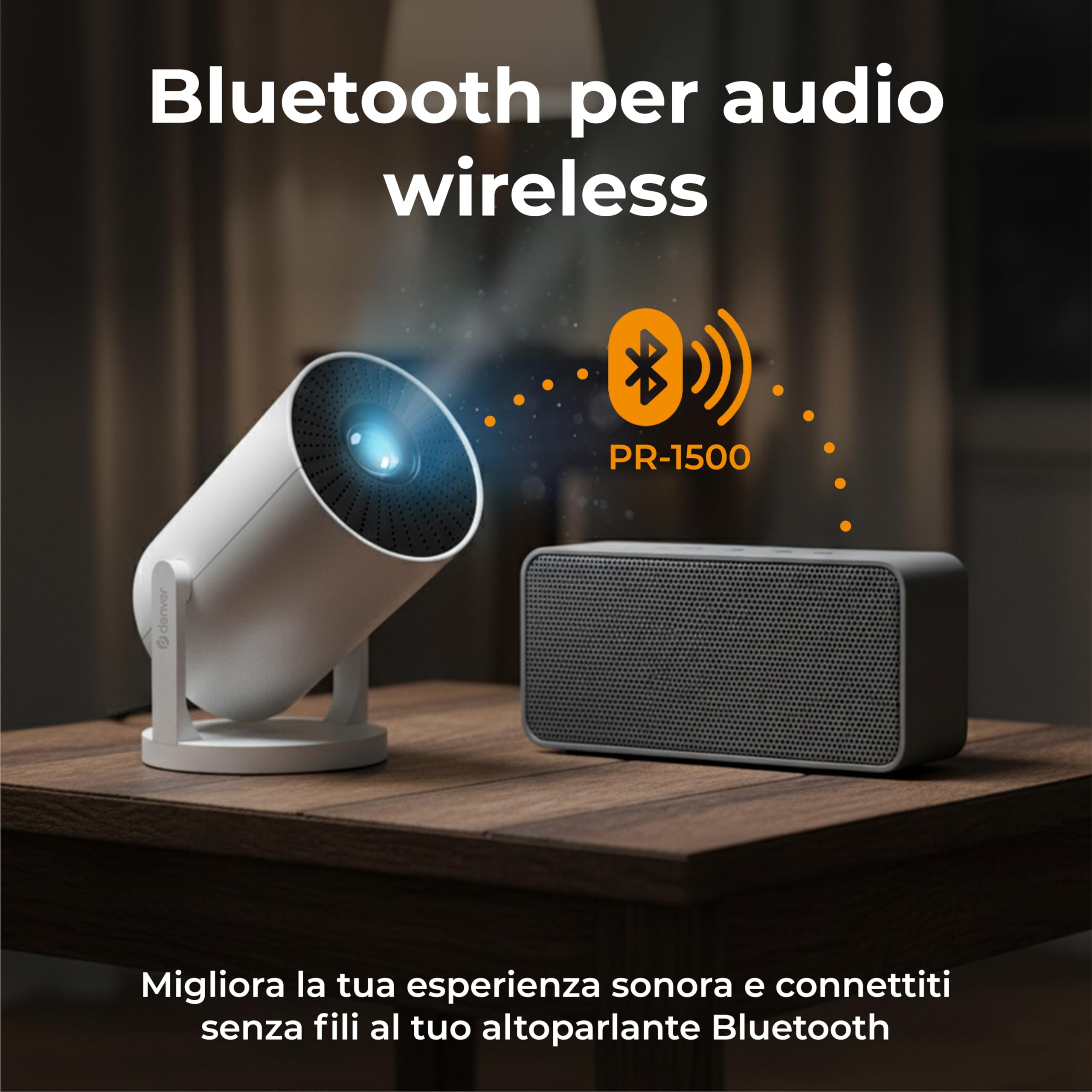 DENVER PR-1500 Mini proiettore LED con 120 ANSI lumen, supporta HD 720p, HDMI, USB e Bluetooth, proiettore home cinema portatile fino a 120 pollici, proiettore video compatto per film e giochi