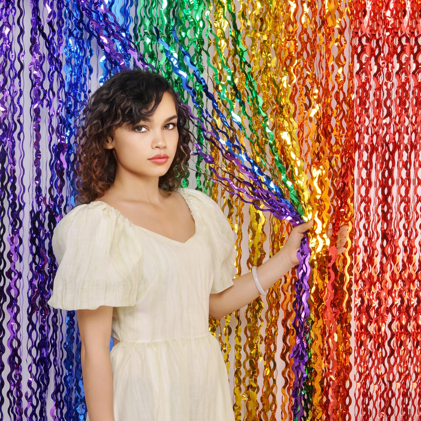 CCINEE 4 Packs Foil Fringe Table Skirt For Rainbow Party Decorations