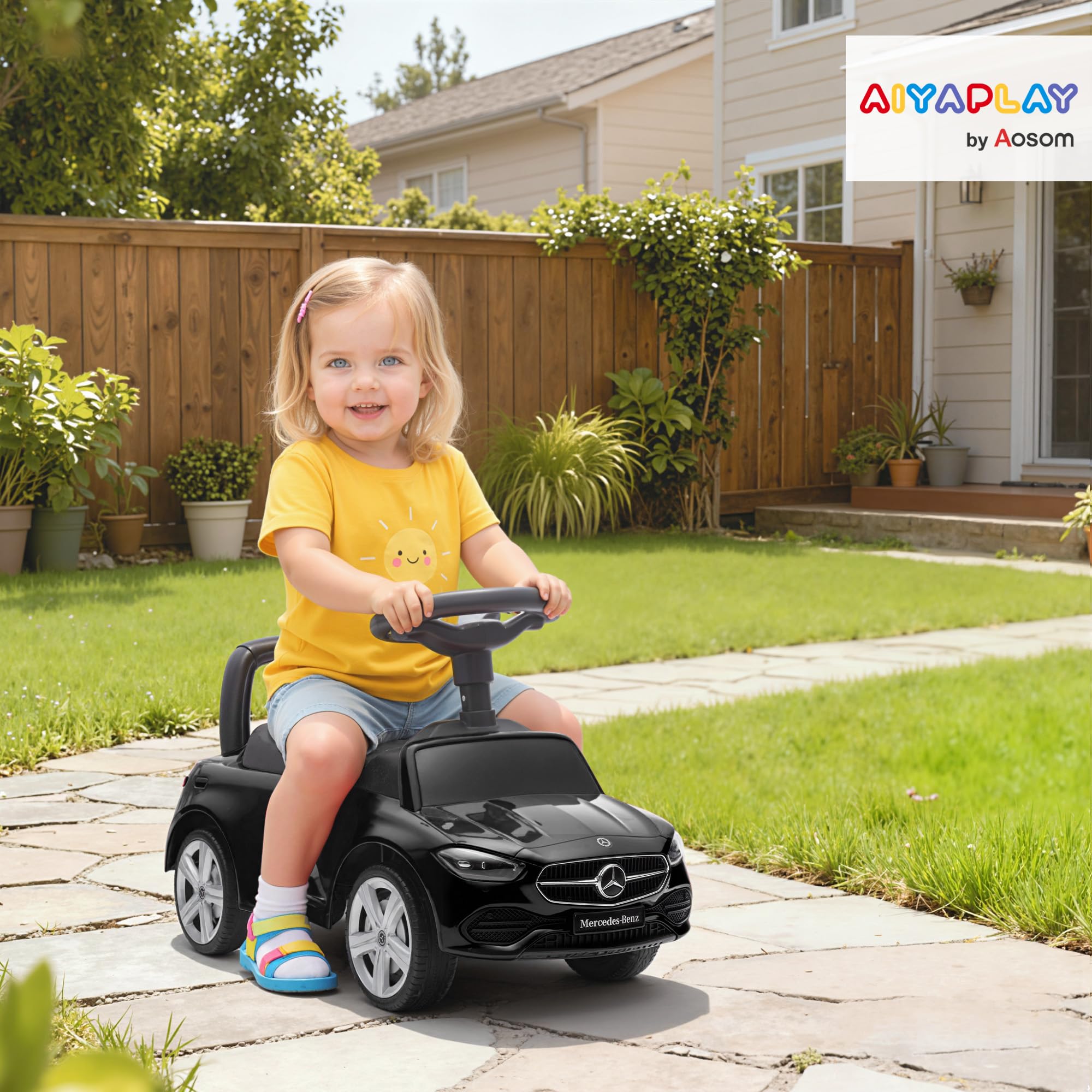 AIYAPLAY Macchina Primi Passi per Bambini Licenza Mercedes Benz con Clacson e Spazio Portaoggetti, Auto per Bambini in PP e Acciaio, 65x28x39 cm, Nero