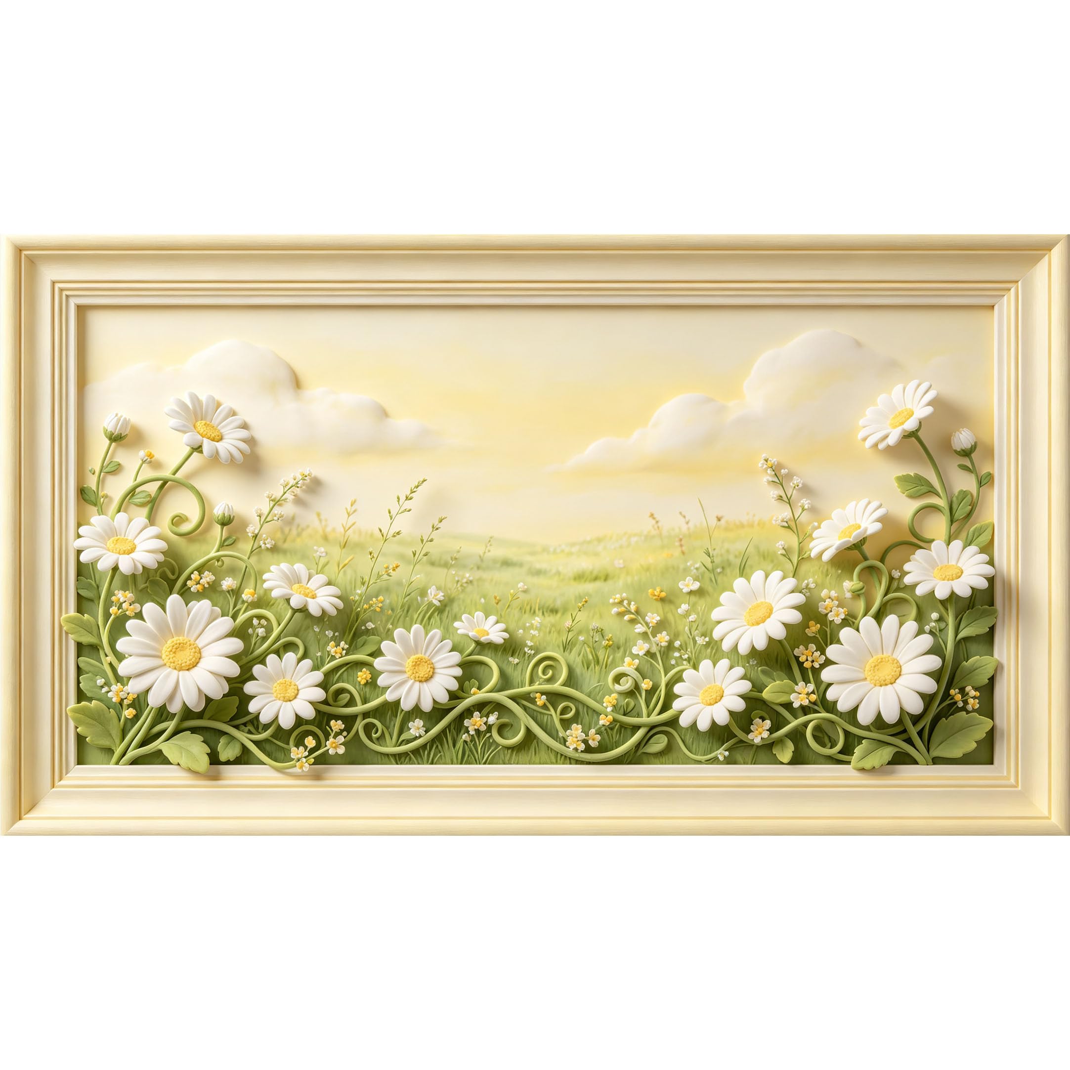 QZLITHOTIC 50x90cm3D Framed Wall Art， Botanical Daisy Meadow Landscape Self‑Adhesive Mural， Water‑Activated Peel & Stick Fabric Decor Wall Decal for Bedroom Living Room