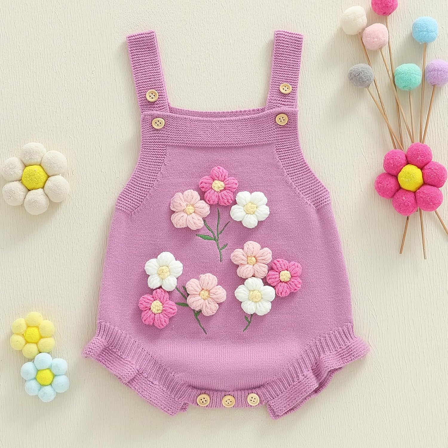 Baby Girl Fall Outfits Newborn Sleeveless Knit Sweater Romper Floral/Bee Onesie Cute Winter One Piece Knitted Outfit - Image 3