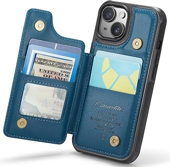 for iPhone 15 Case with Card Holder, Wallet Case for Women Men with RFID Blocking, Durable Leather Kickstand Magnetic Clasp Shockproof Phone Case for iPhone 15 Blue